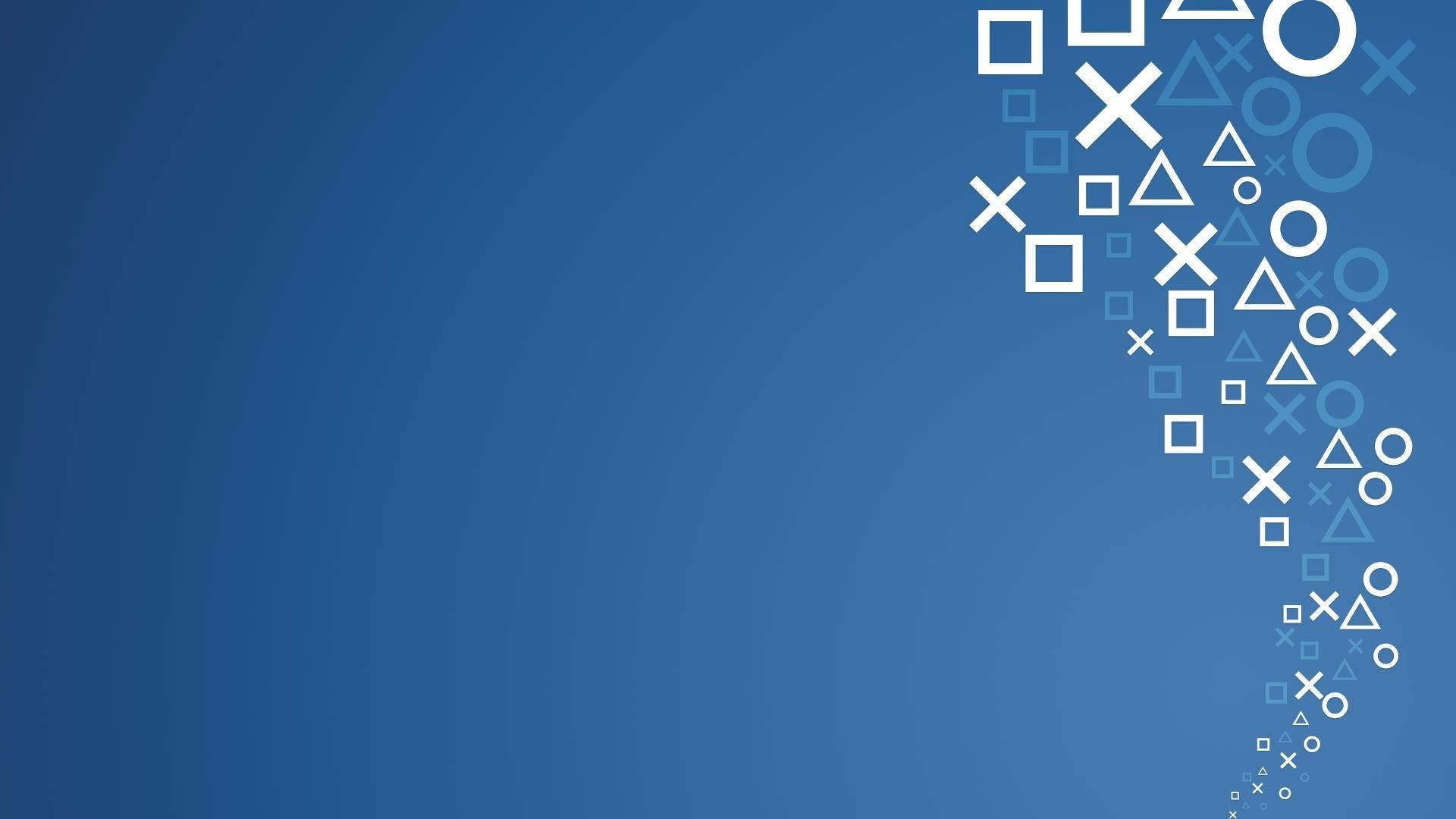PlayStation 桌布 壁紙 — 白色PlayStation控制器符號在漸變藍色背景上對角線級聯。