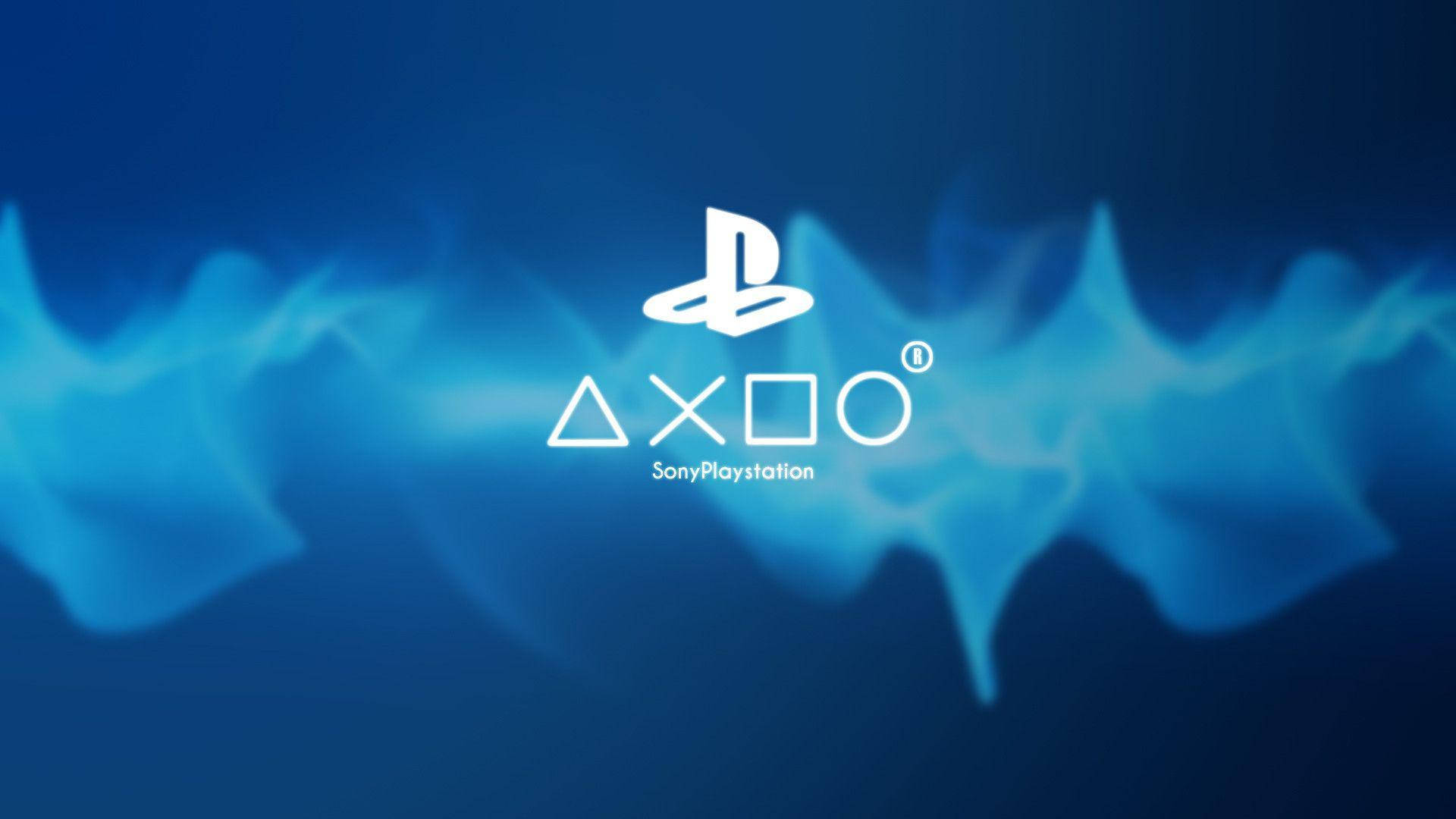 PlayStation 桌布 壁紙 — 白色PlayStation標誌和符號在動態藍色能量波背景上發光。