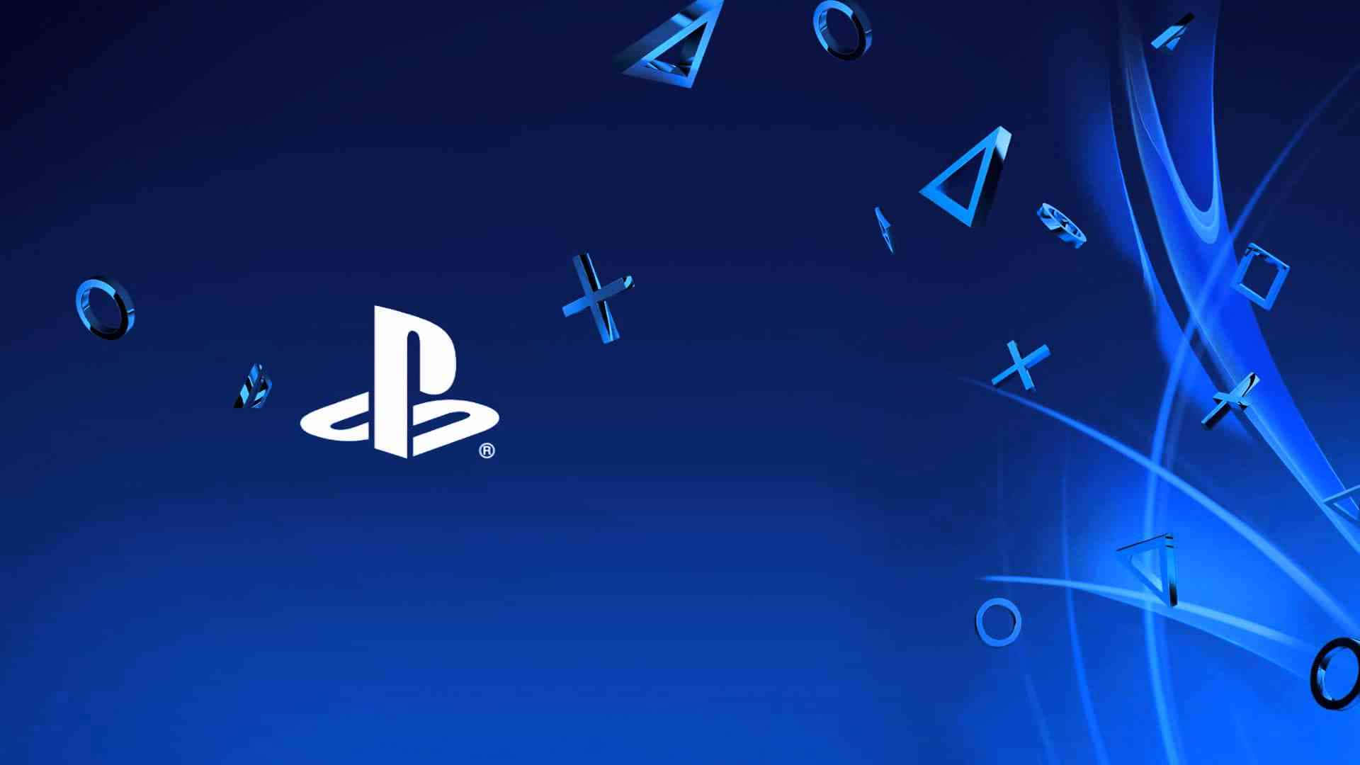 PlayStation 桌布 壁紙 — 白色PlayStation標誌居中於深藍色漸變背景，帶有浮動控制器符號和發光光條。