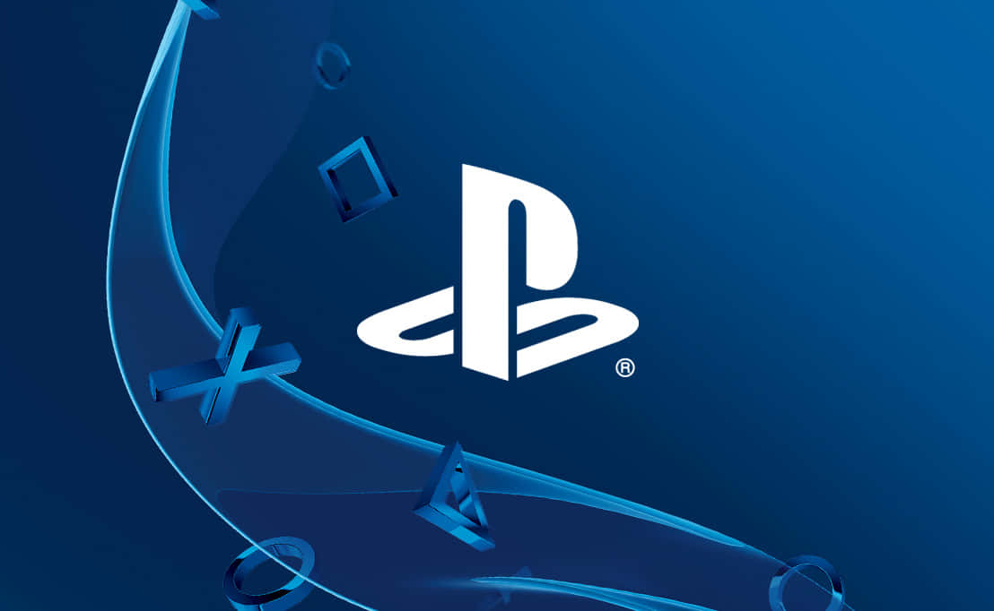 PlayStation 桌布 壁紙 — 白色PlayStation標誌居中於深藍色背景上，帶有浮動的半透明控制器符號。
