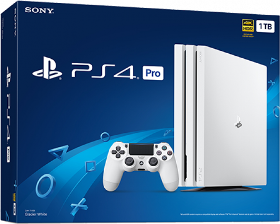 PlayStation 桌布 壁紙 — 白色PS4 Pro主機及控制器展示在藍色包裝上，帶有發光抽象符號。