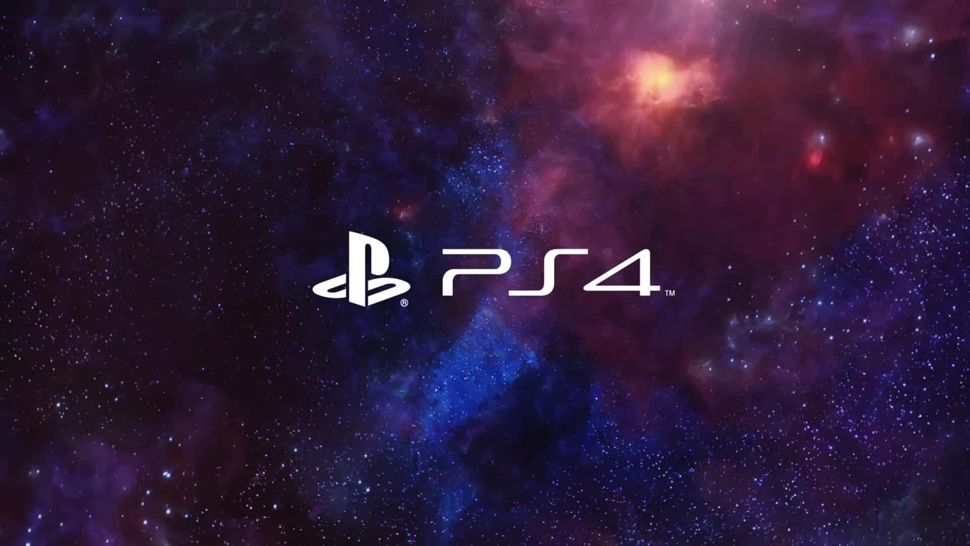 PlayStation 桌布 壁紙 — 白色PS4標誌居中，背景是充滿活力的宇宙星雲，帶有旋轉的紫色、紅色和藍色。