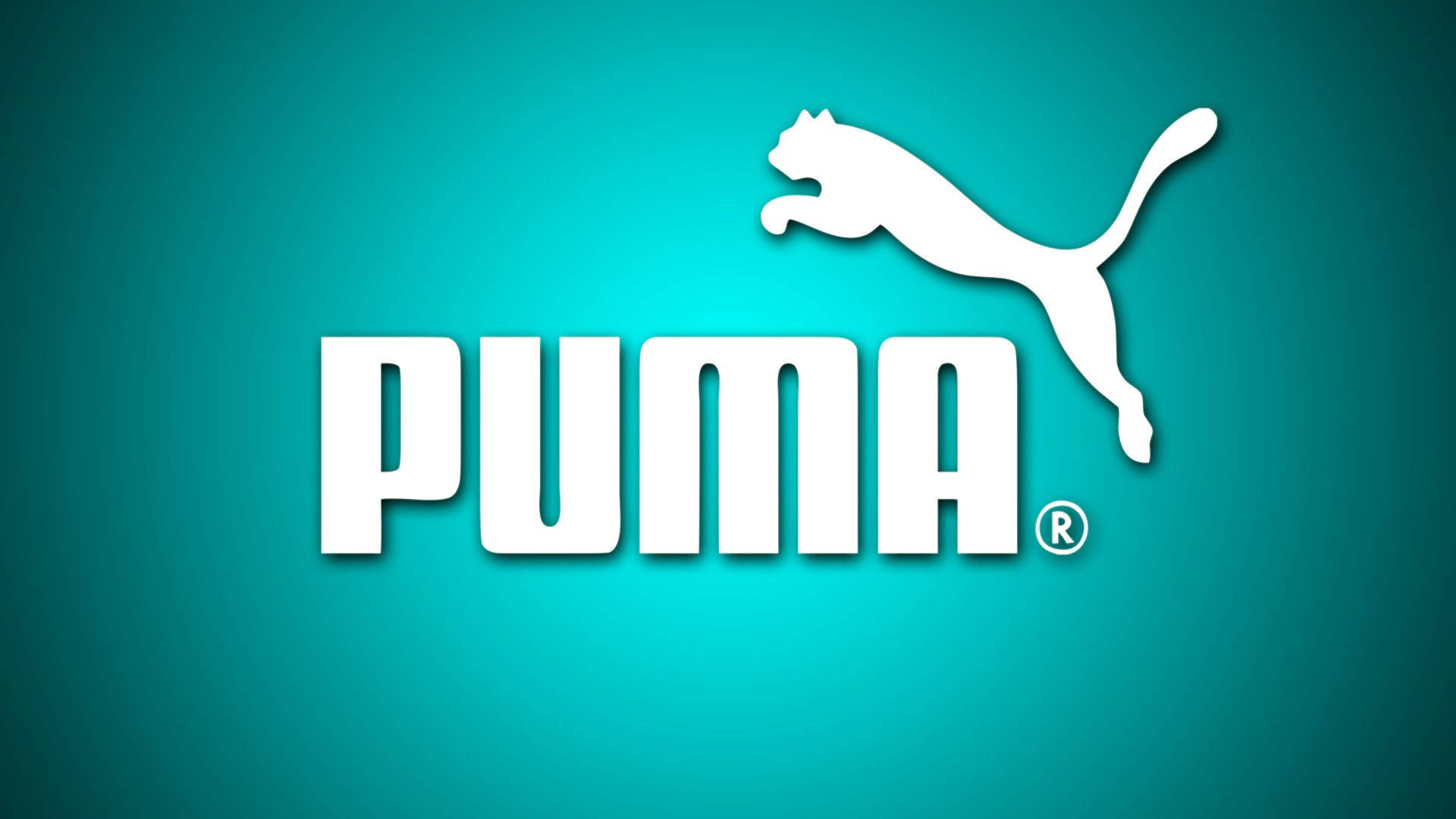 Puma 桌布 壁紙 — 白色Puma標誌，帶有跳躍的貓和粗體文字，背景為青綠色漸變。