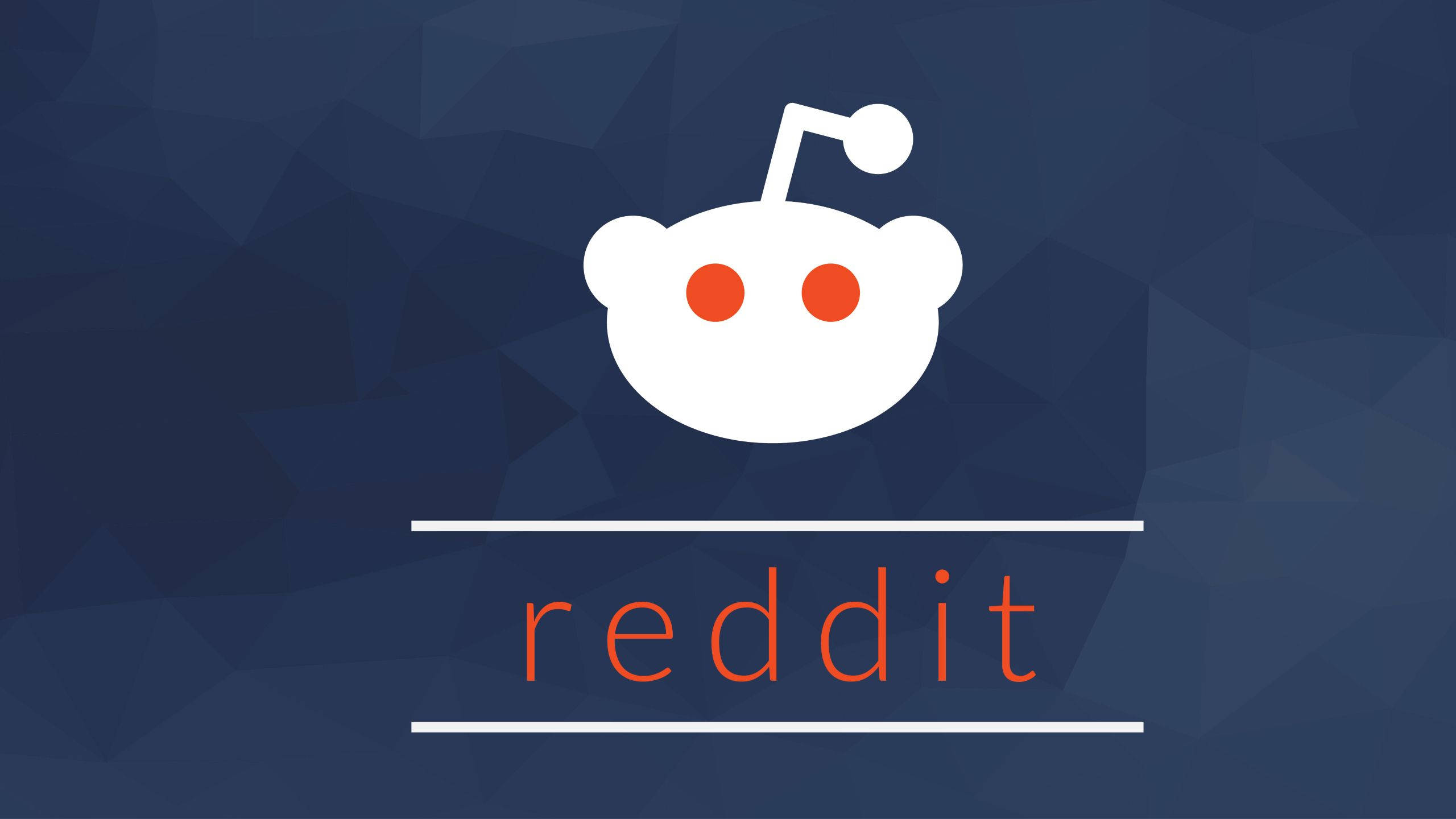 Reddit 桌布 壁紙 — 白色Reddit外星人吉祥物，橙色眼睛，居中於深藍色幾何多邊形背景上，下方有橙色文字。