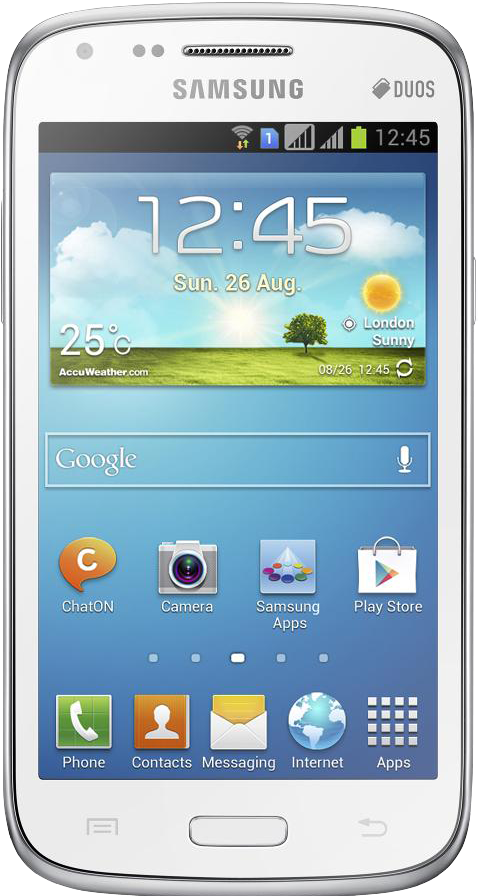 三星 桌布 壁紙 — 白色Samsung智慧型手機顯示陽光草地桌布，附有天氣資訊和應用程式圖示。