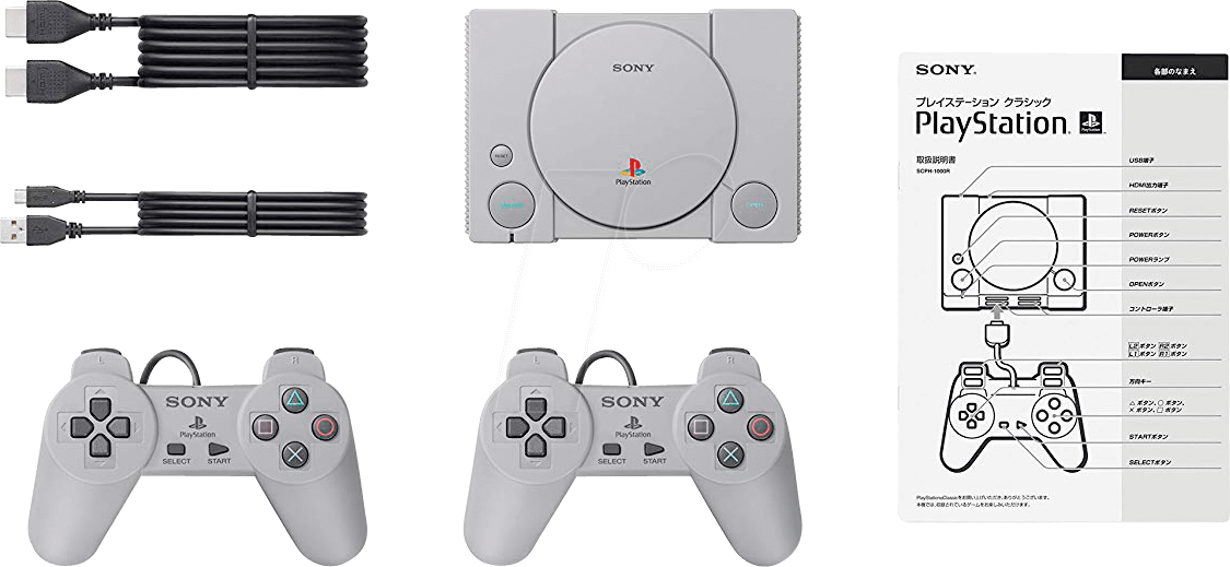 PlayStation 桌布 壁紙 — 白色Sony PlayStation Classic主機連控制器及線材，黑色背景，附日文說明書圖解。