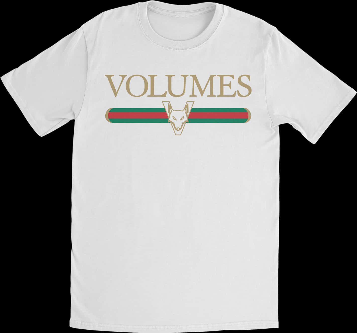 Gucci 桌布 壁紙 — 白色T恤，上面有金色 'VOLUMES' 文字和狐狸頭標誌，位於紅綠條紋上，背景為黑色。
