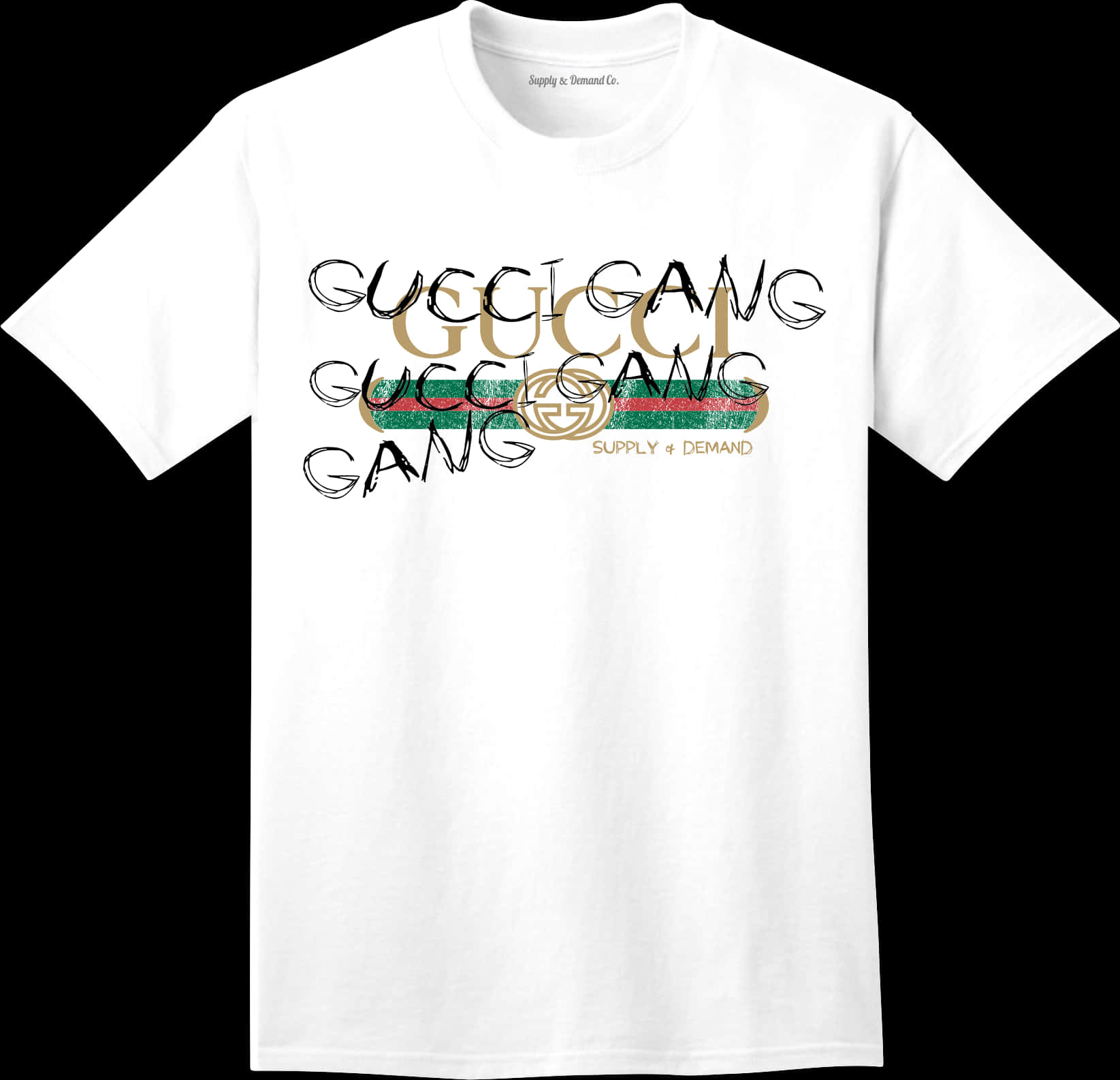 Gucci 桌布 壁紙 — 白色T恤，印有粗體「GUCCI GANG」文字和品牌標誌，背景為黑色。