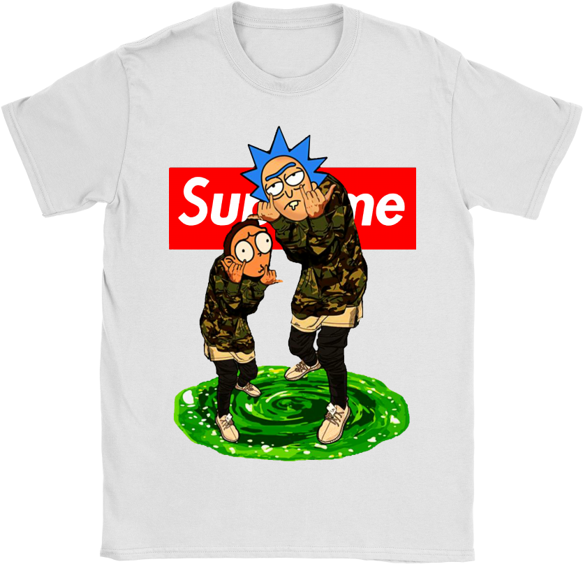 supreme 桌布 壁紙 — 白色T恤印有卡通角色瑞克和莫蒂穿著迷彩服裝站在綠色黏液上，背後有一個紅色Supreme標誌。