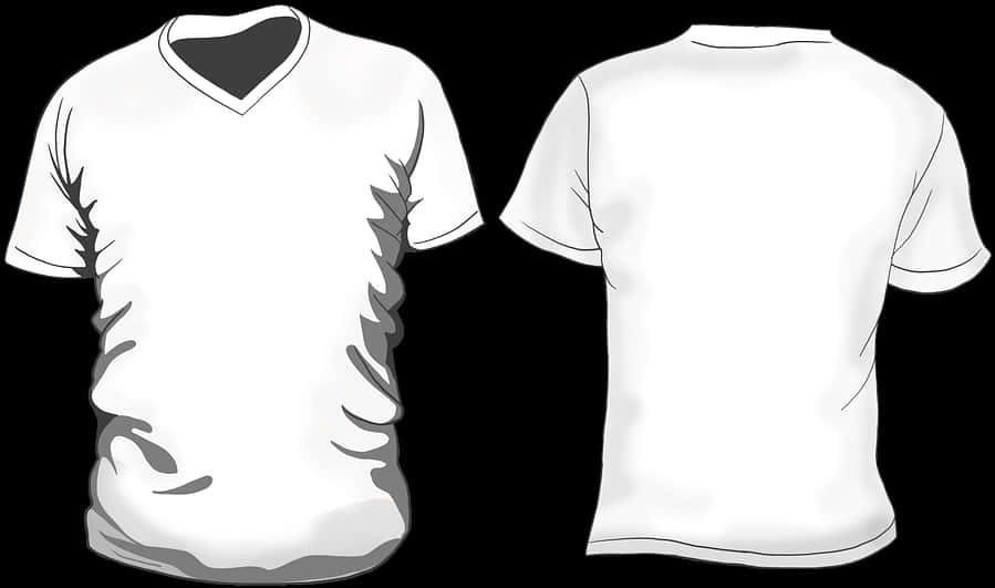 T Shirt 桌布 壁紙 — 白色V領T恤左側帶灰色火焰設計，正面和背面視圖，背景為黑色。