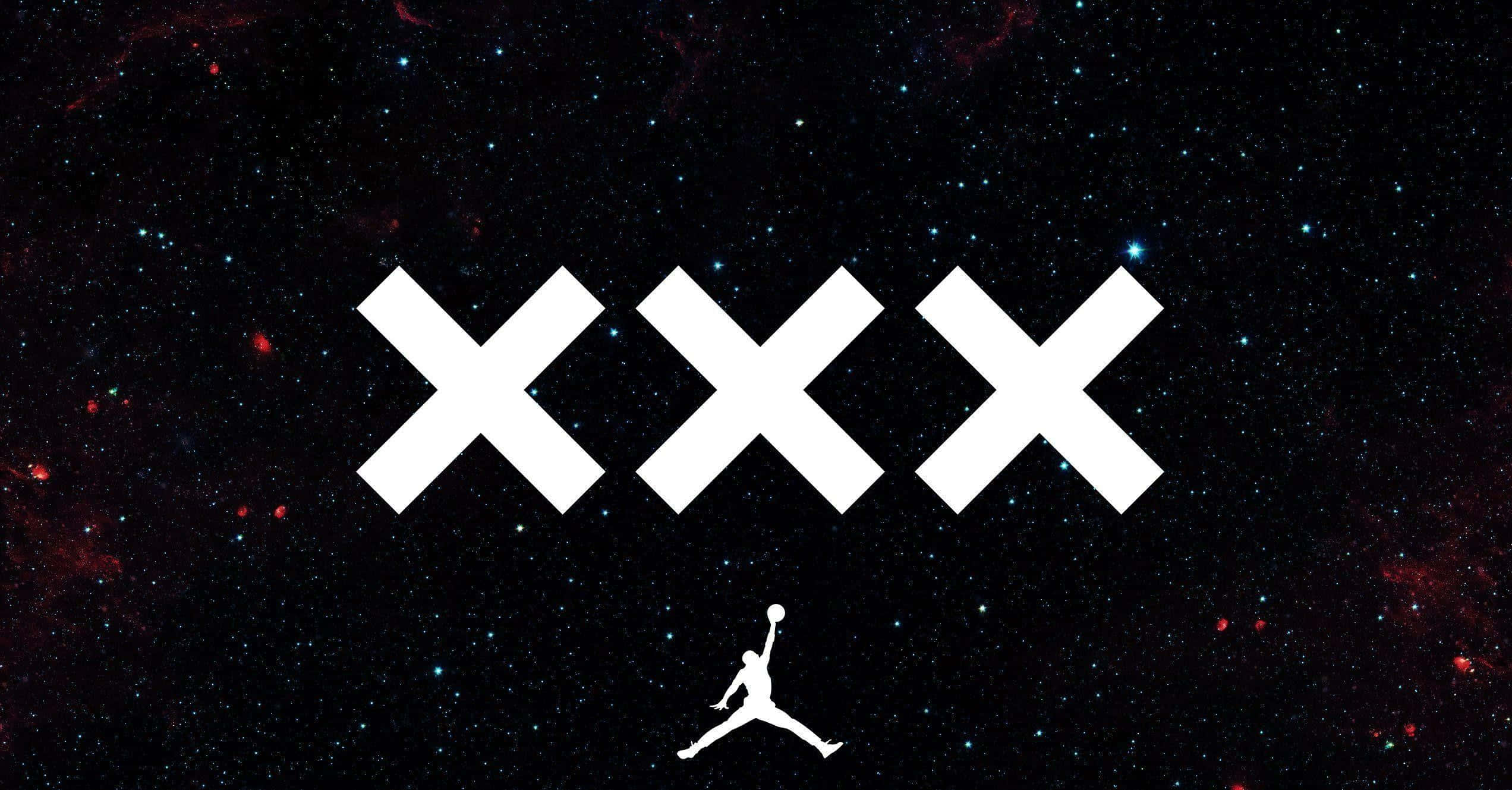 桌布 壁紙 — 白色XXX符號和Jordan Jumpman標誌漂浮在星塵宇宙背景中，帶有星雲。