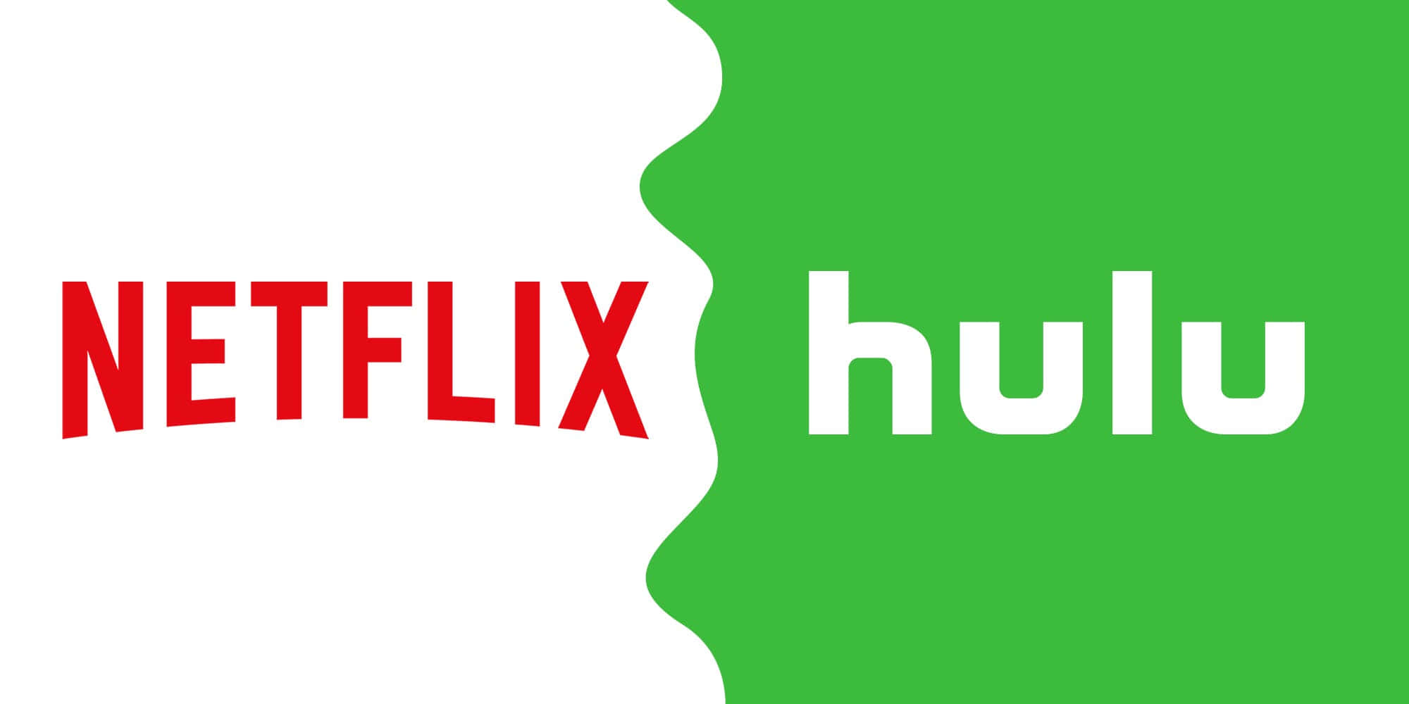 Hulu 桌布 壁紙 — 白色一側的紅色 Netflix 標誌與綠色一側的白色 Hulu 標誌以波浪形分隔線相遇。