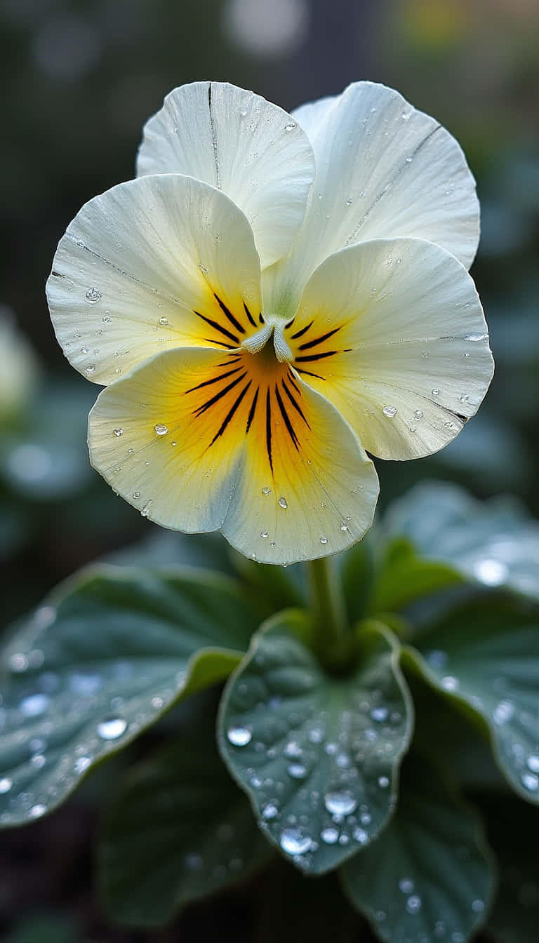 Flower 壁紙 — 白色三色堇的近距離特寫，黃色花心帶有黑色條紋，在綠葉上閃爍著露珠。