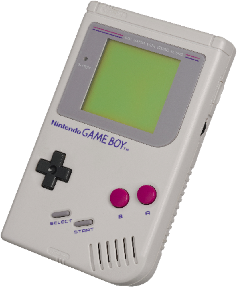 任天堂 桌布 壁紙 — 白色任天堂Game Boy，綠色螢幕和粉紅色按鈕，傾斜放置在黑色背景上。