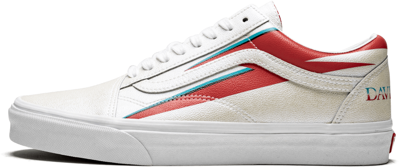 Vans 桌布 壁紙 — 白色低筒運動鞋，帶有鮮明的紅色和藍綠色斜紋，鞋跟處有「DAVE」品牌標誌。