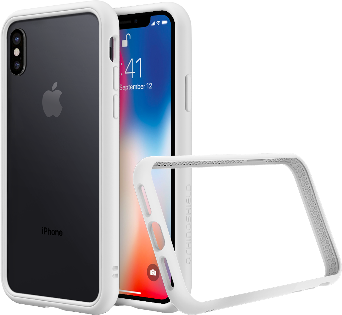 White iPhone 桌布 壁紙 — 白色保護殼從背面、正面和側面角度展示在帶有彩色鎖定螢幕的黑色iPhone Xs上。
