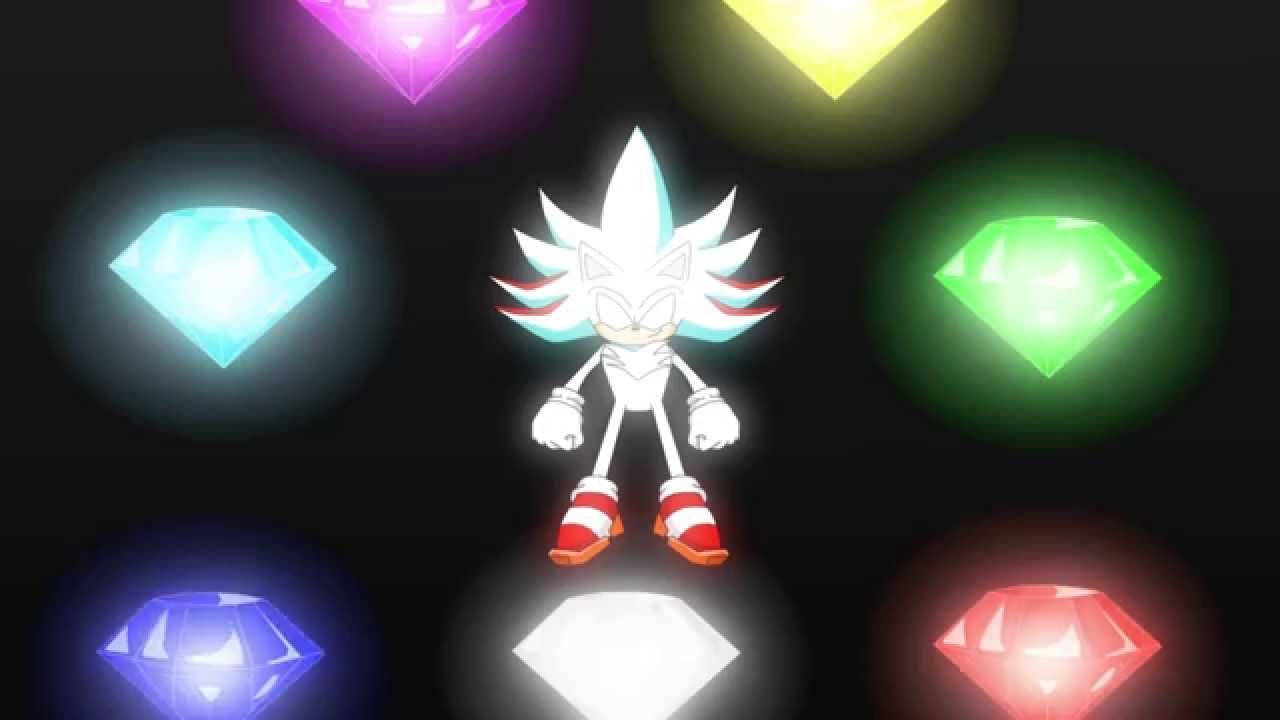Hyper 桌布 壁紙 — 白色刺蝟Sonic站在黑暗背景中七顆發光彩色鑽石的正中央。