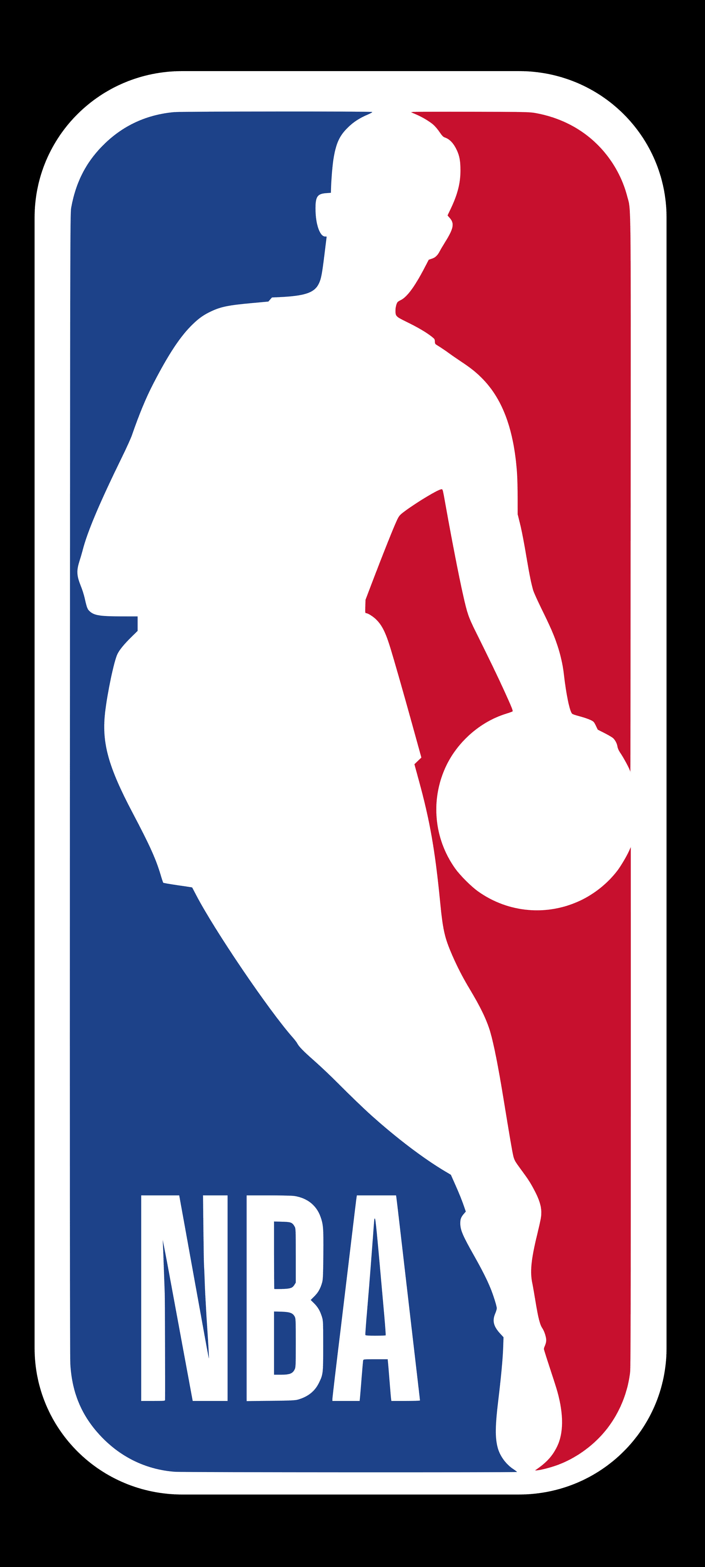 NBA標誌 桌布 壁紙 — 白色剪影，一個籃球運動員在藍色和紅色背景上運球，帶有NBA文字。
