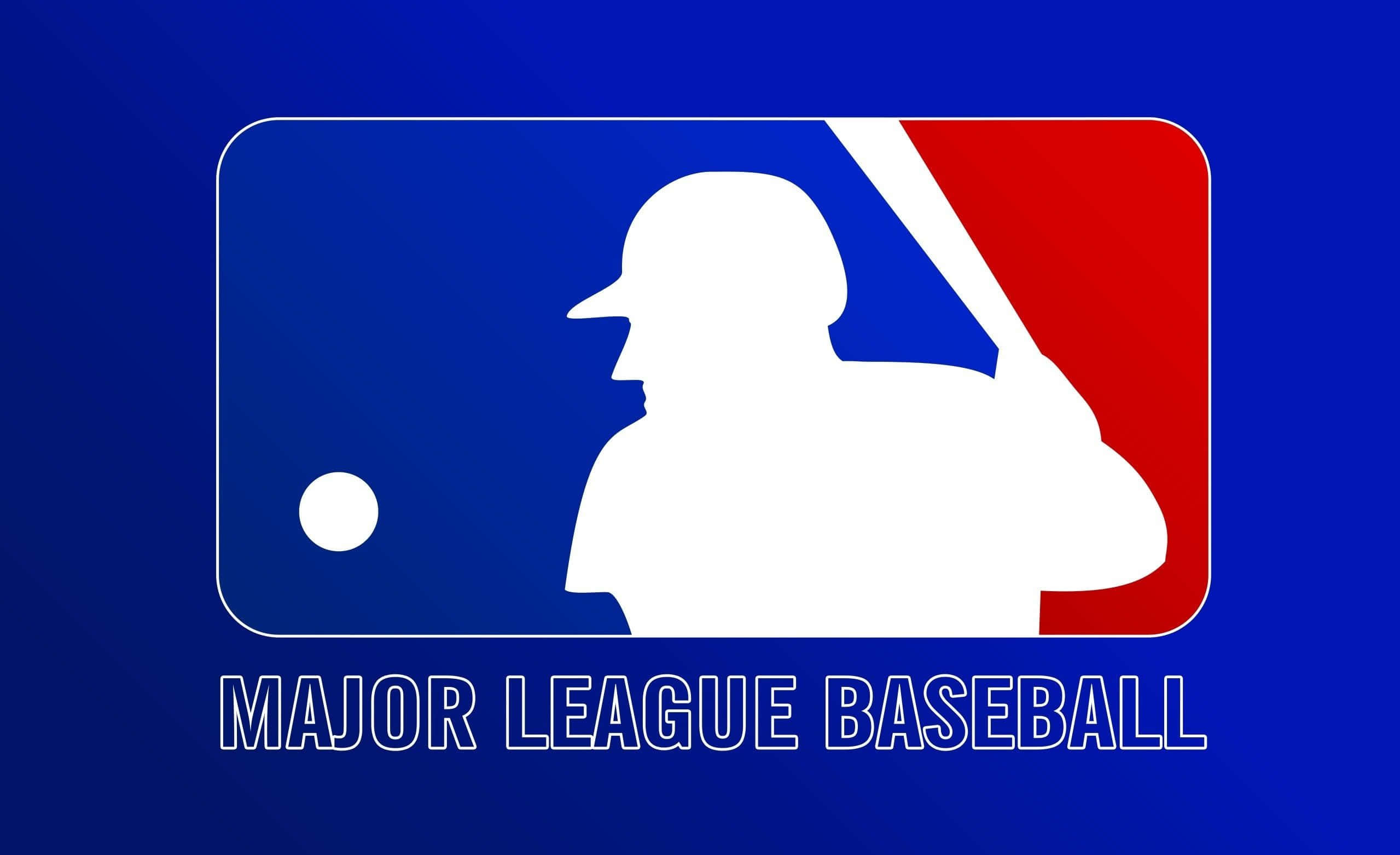 MLB Baseball League 桌布 壁紙 — 白色剪影，一名棒球運動員手持球棒，背景為藍紅標誌及文字。