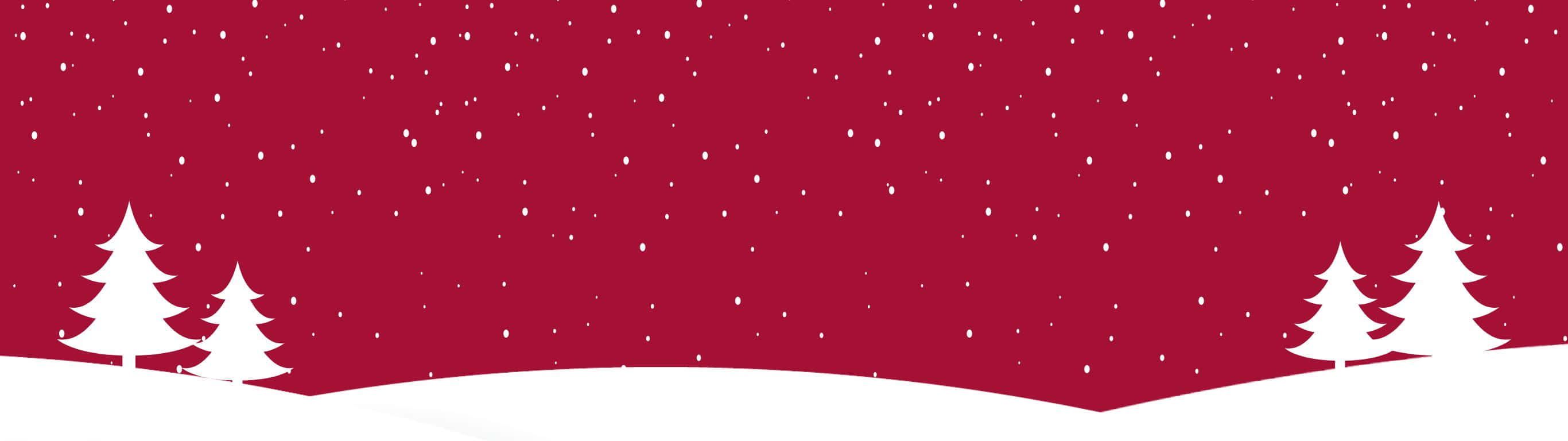 2732x768 桌布 壁紙 — 白色剪影的松樹矗立在雪地中，背景是深紅色的天空，雪花飄落。