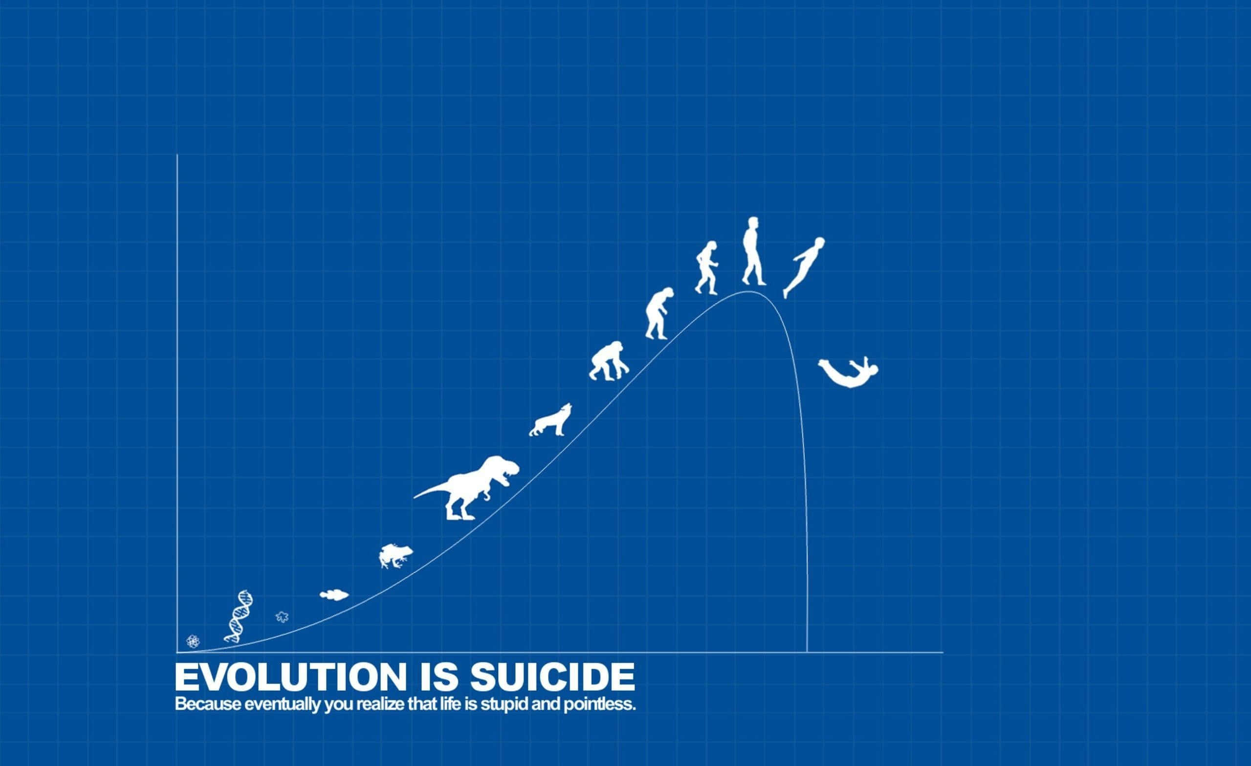 Suicide 桌布 壁紙 — 白色剪影的進化階段爬上圖表，然後在藍色方格紙上墜落懸崖，附有粗體文字。