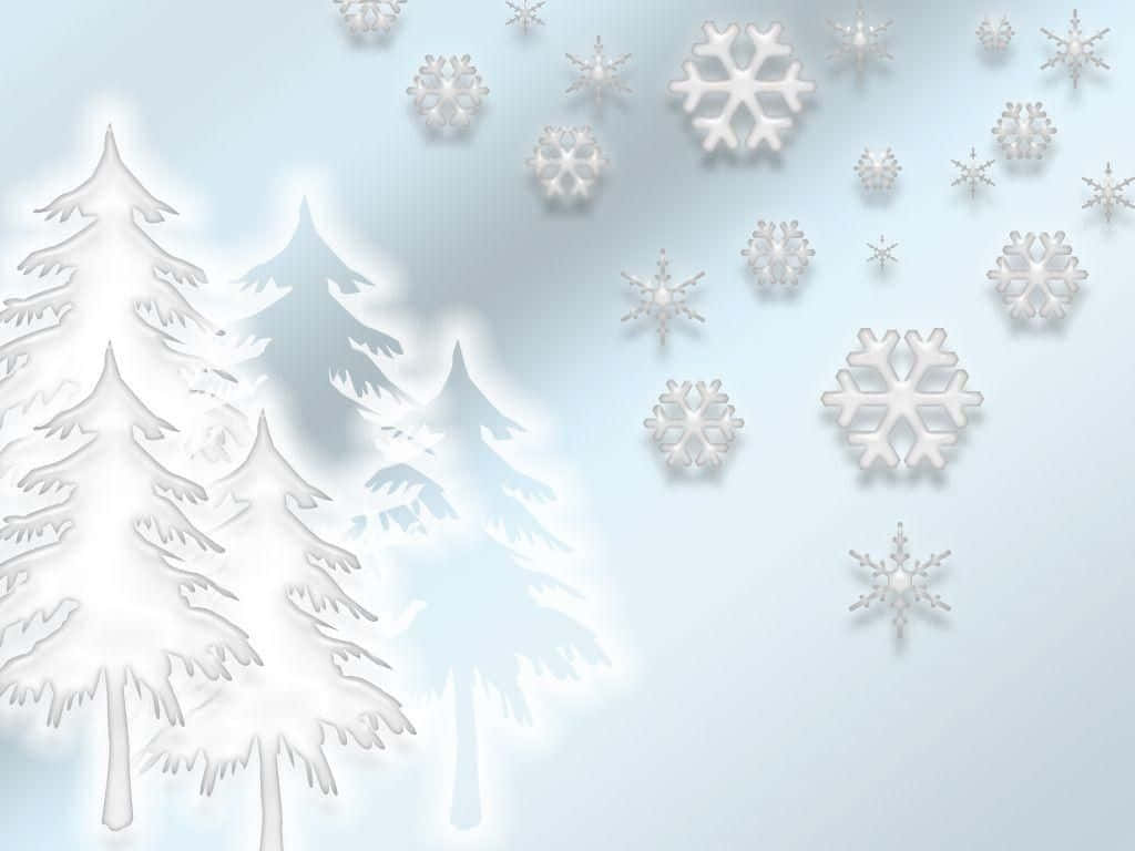 聖誕樹動畫 桌布 壁紙 — 白色剪紙松樹和雪花在柔和的藍色漸變背景上漂浮。