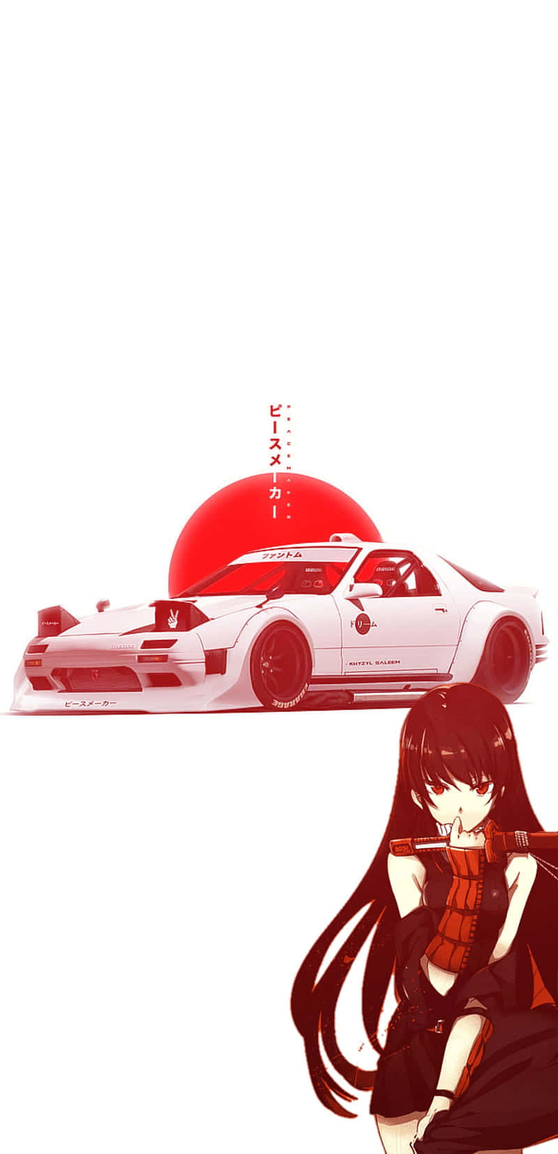 動漫女孩 桌布 壁紙 — 白色動漫跑車，背景為紅色太陽，一個黑髮女孩以極簡紅白風格手持步槍。