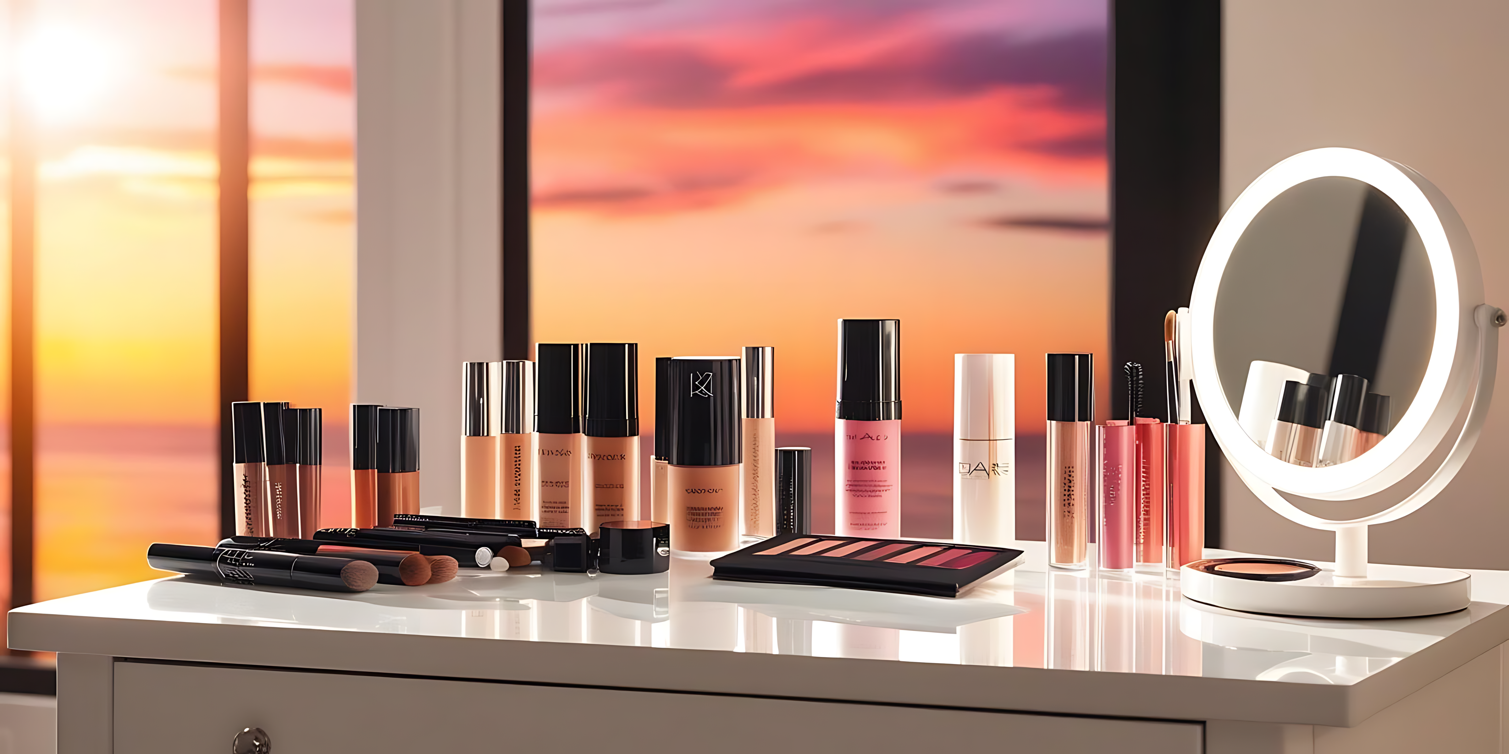 Makeup 桌布 壁紙 — 白色化妝台上展示了一系列化妝品，背景是透過大窗戶看到的充滿活力的日落。