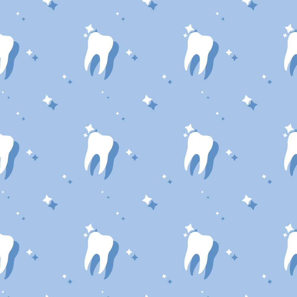 Tooth 桌布 壁紙 — 白色卡通牙齒帶有藍色陰影，在柔和的藍色背景上漂浮於散落的星星之間。