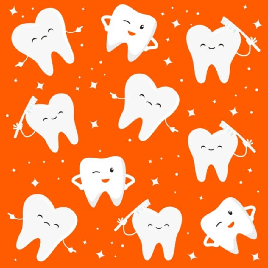 Tooth 桌布 壁紙 — 白色卡通牙齒帶著笑臉和牙刷，在充滿閃爍星星的鮮豔橙色背景上快樂地漂浮。