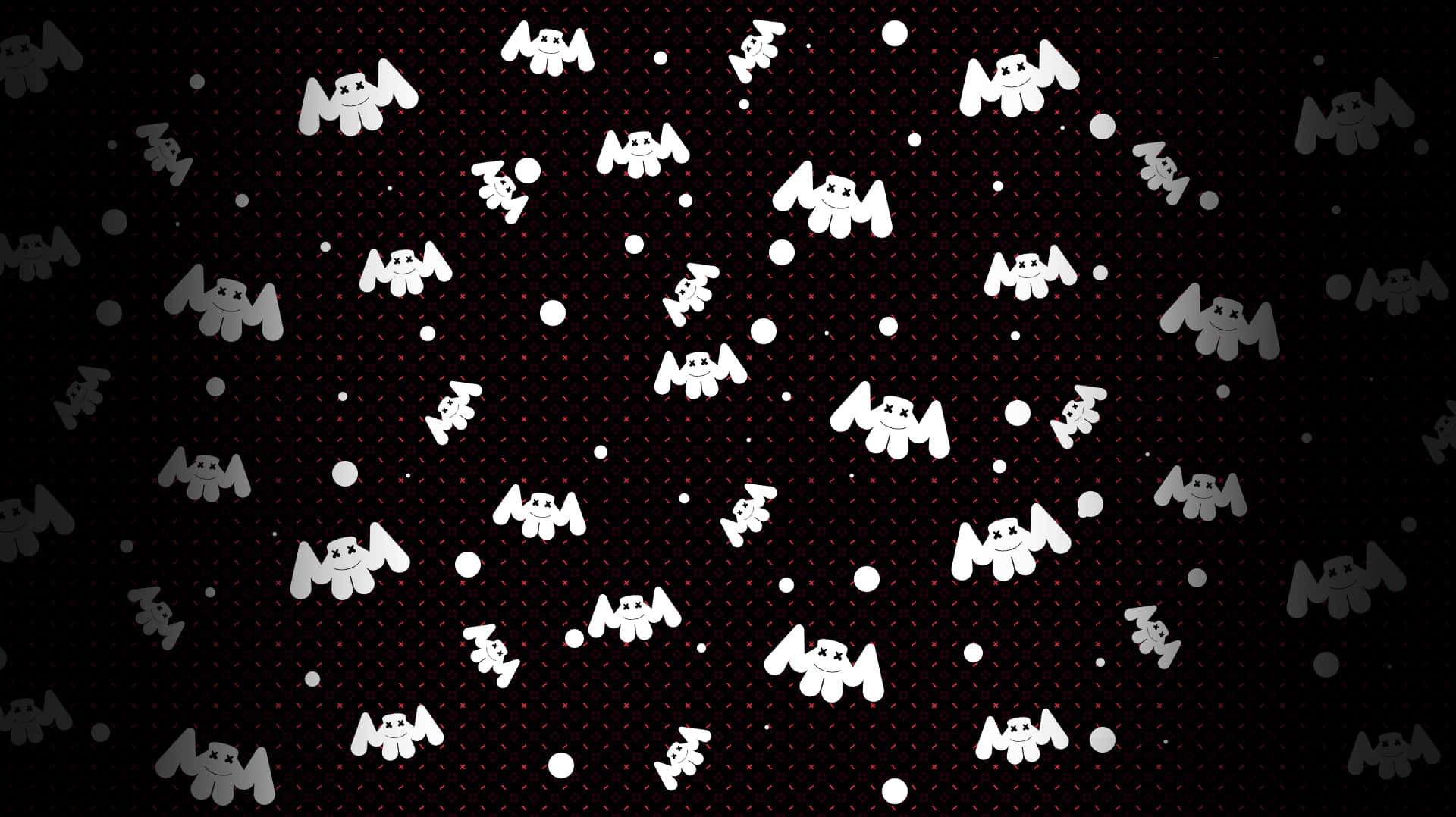 Marshmello 動態圖 桌布 壁紙 — 白色卡通蝙蝠和圓圈漂浮在帶有微妙紅色圓點圖案的黑色背景上。