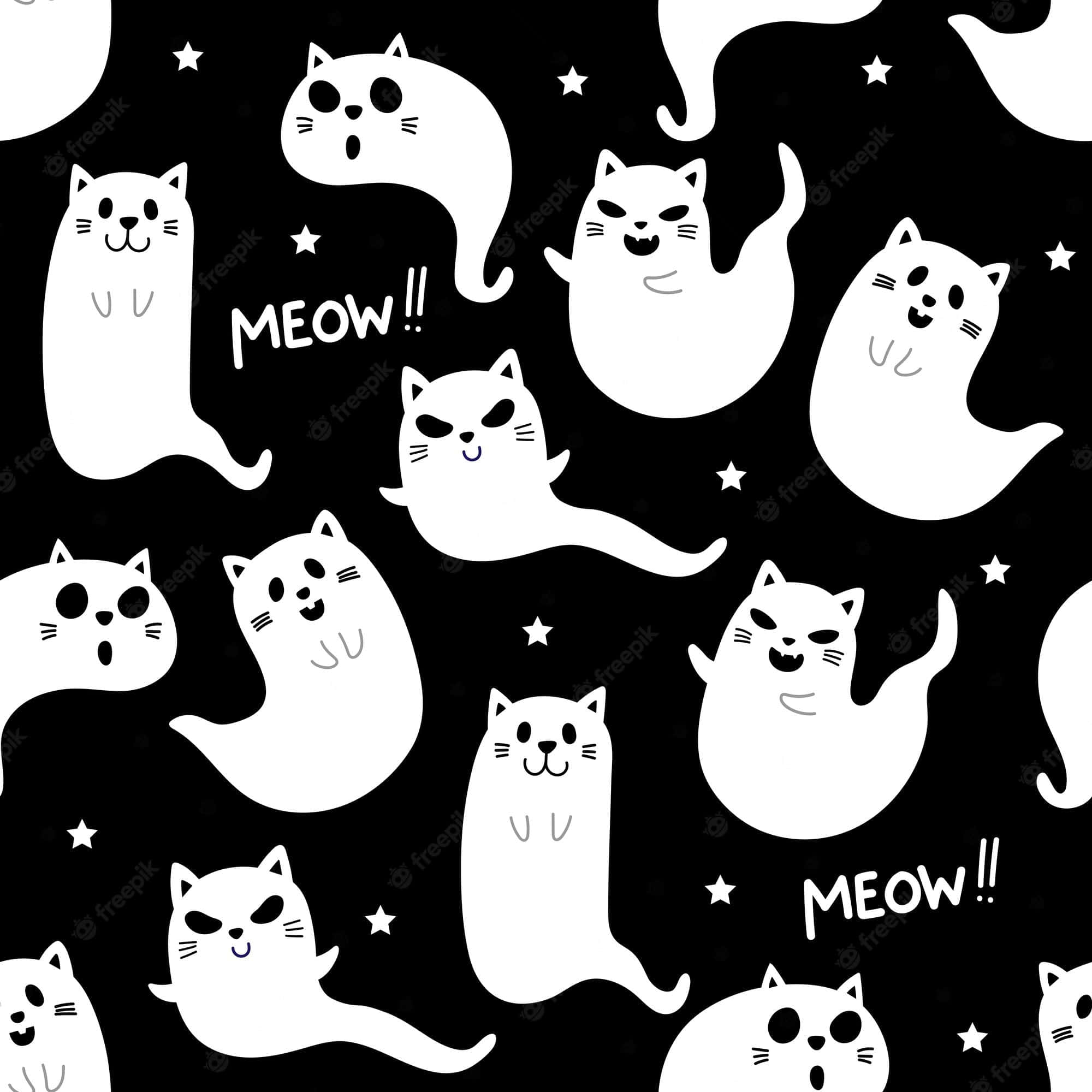 Cute Ghost 桌布 壁紙 — 白色卡通貓咪帶著豐富表情，在黑色背景上漂浮於星星之間，並散落著「MEOW!!」文字。