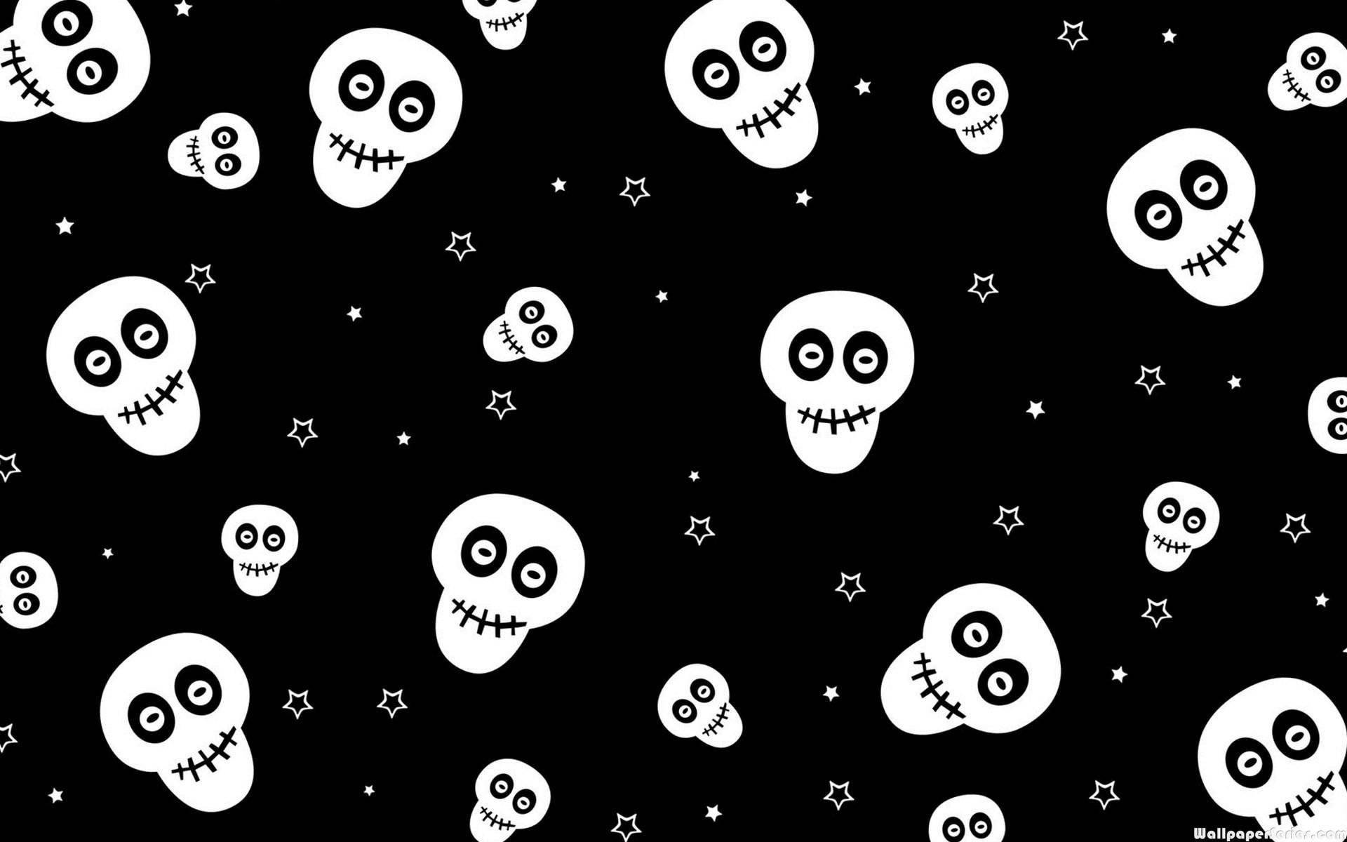 Cute Skeleton 桌布 壁紙 — 白色卡通骷髏頭，嘴巴縫合，漂浮在點綴星星的黑色背景上。