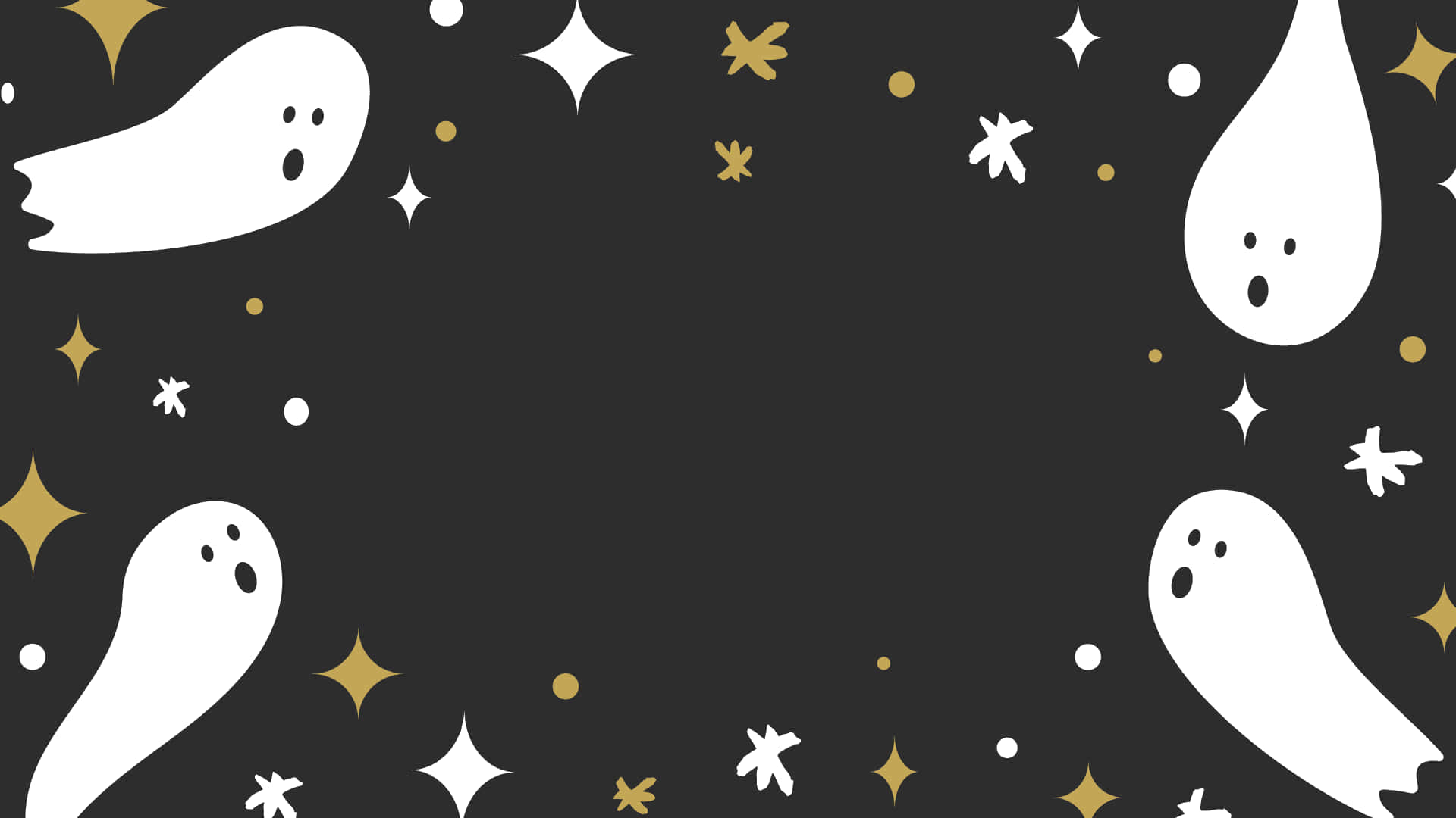 Halloween Laptop 桌布 壁紙 — 白色卡通鬼魂和金色星星在深灰色背景周圍漂浮，形成節日萬聖節圖案。