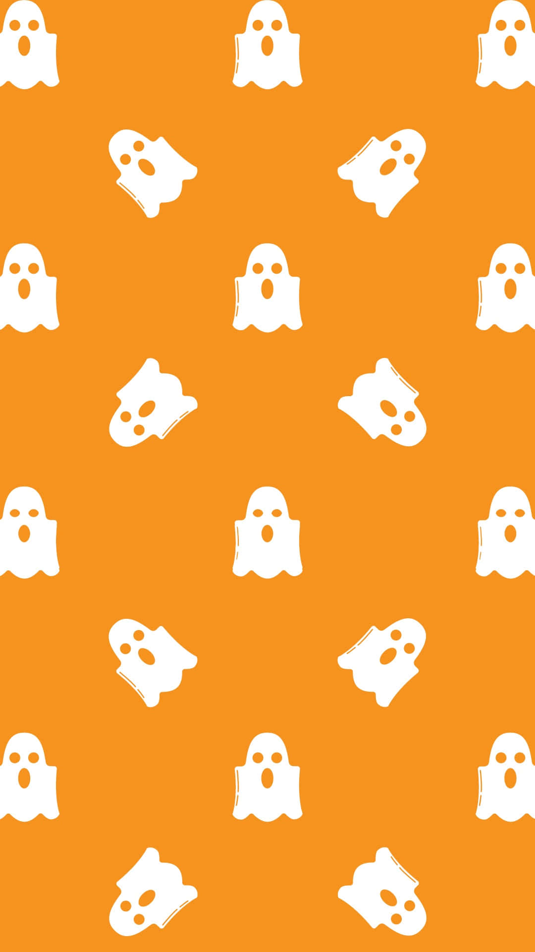 Halloween Phone 桌布 壁紙 — 白色卡通鬼魂在充滿活力的橙色背景中以俏皮的重複圖案漂浮。
