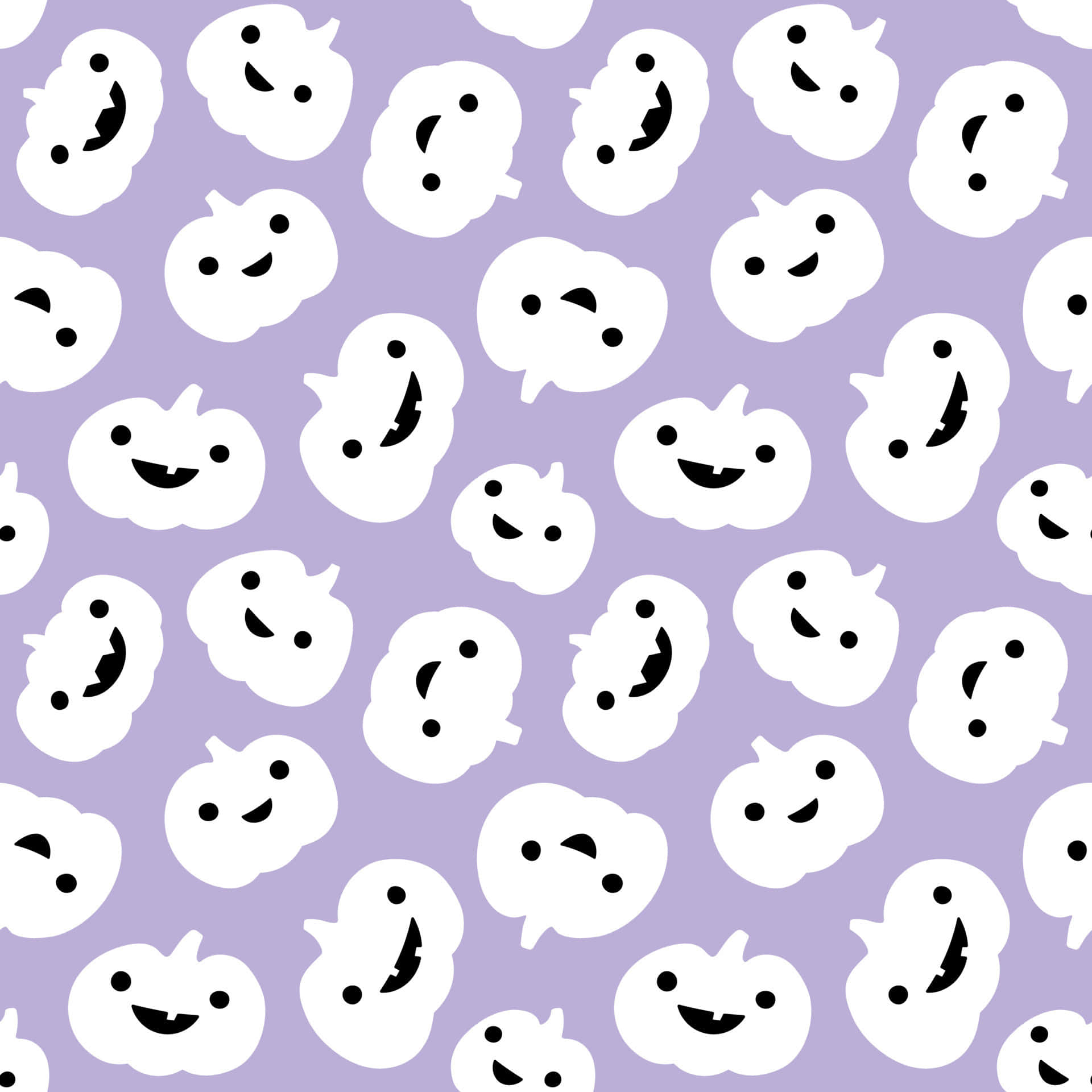 Pastel Halloween 桌布 壁紙 — 白色卡通鬼魂帶著笑臉在柔和的薰衣草背景上以重複圖案漂浮。