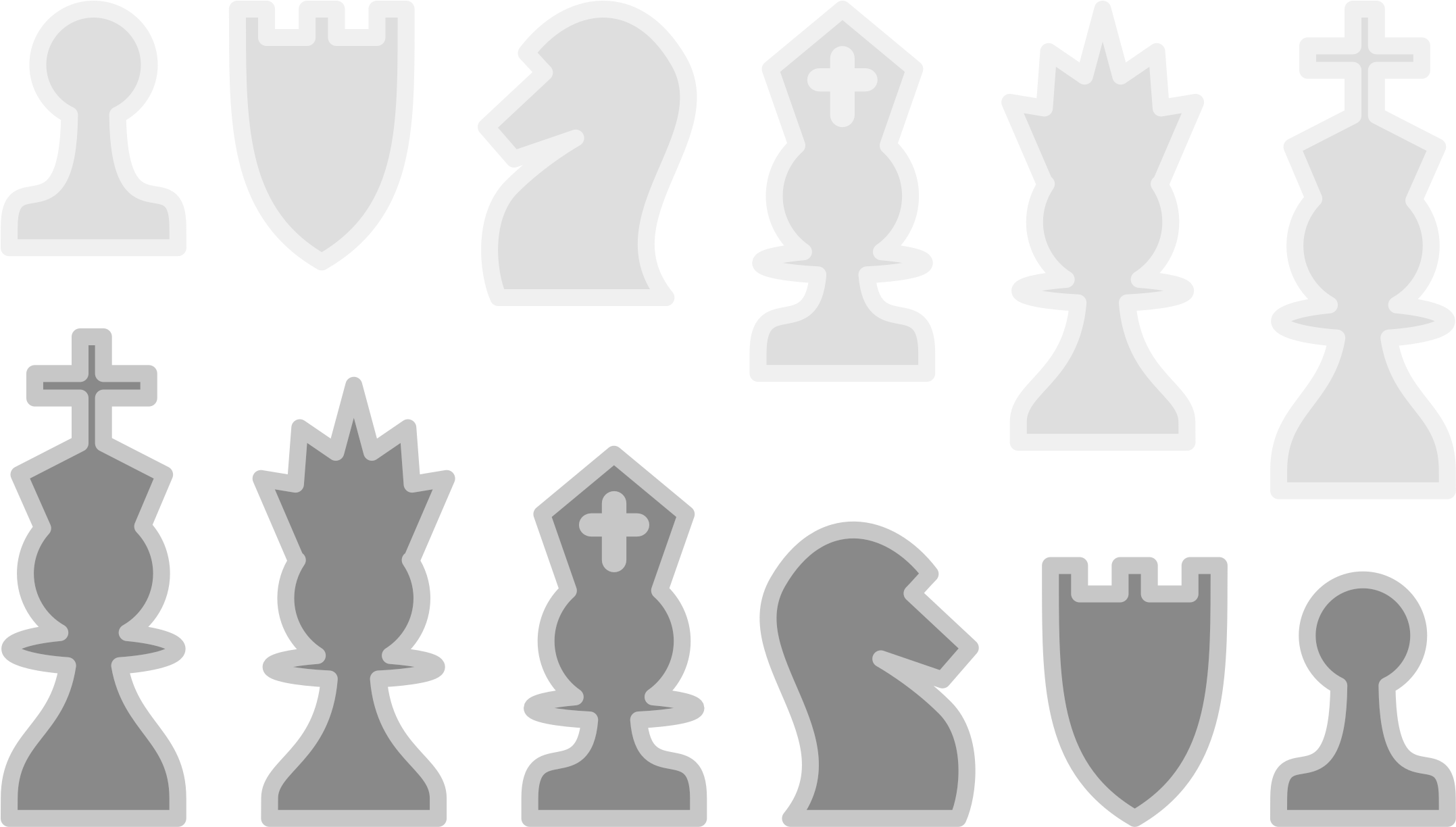西洋棋 桌布 壁紙 — 白色和灰色的西洋棋棋子排列成兩行，背景為黑色，帶有柔和的下落陰影。