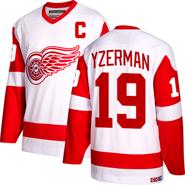 Jersey 桌布 壁紙 — 白色和紅色的底特律紅翼冰球球衣，前後均印有 Yzerman 的名字和 19 號碼。