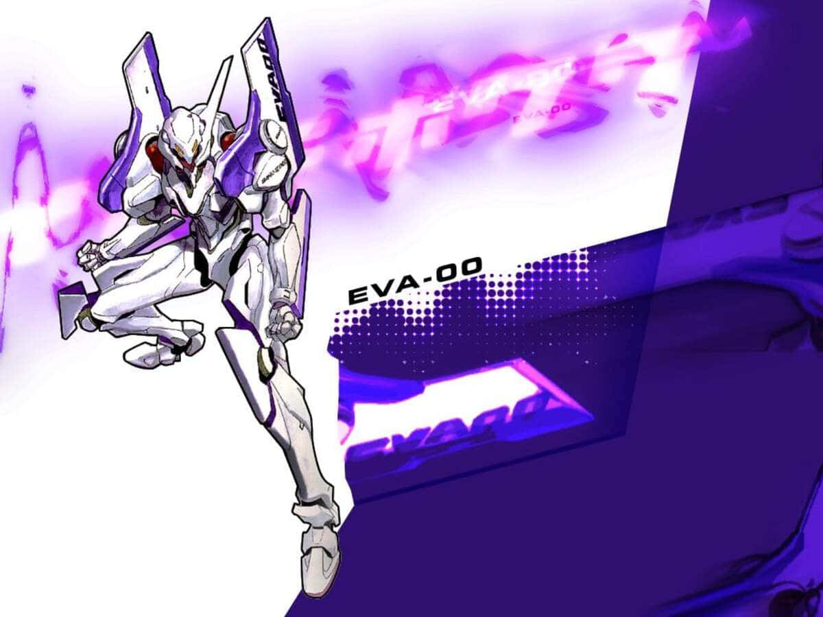 Eva-00 桌布 壁紙 — 白色和紫色的 Evangelion Unit-00 在發光的紫色和白色抽象背景上動態站立，帶有 'EVA-00' 文字。
