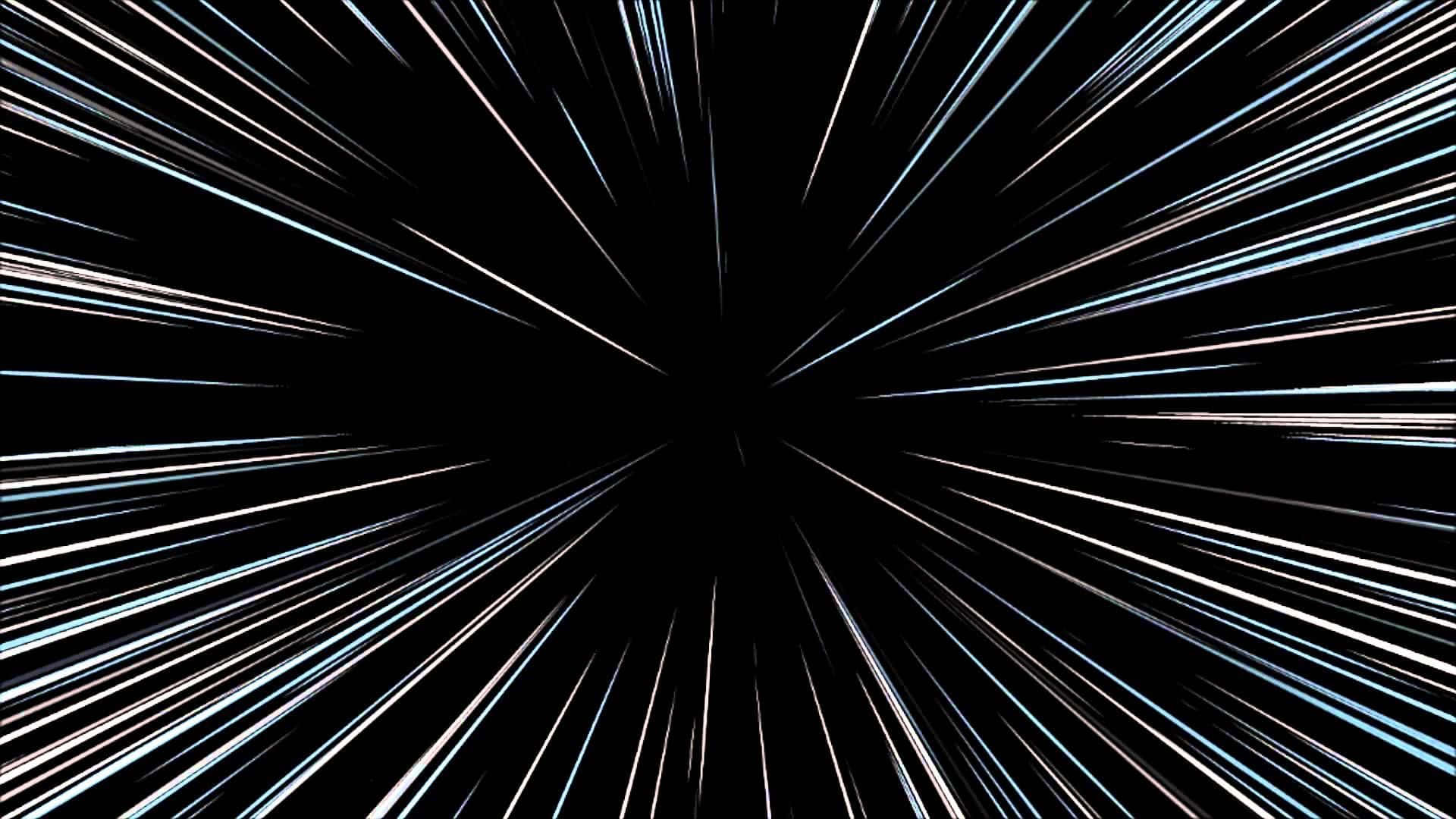 Interstellar Travel 桌布 壁紙 — 白色和藍色光芒的放射狀條紋從中心點向外爆發，映襯著黑色虛空。