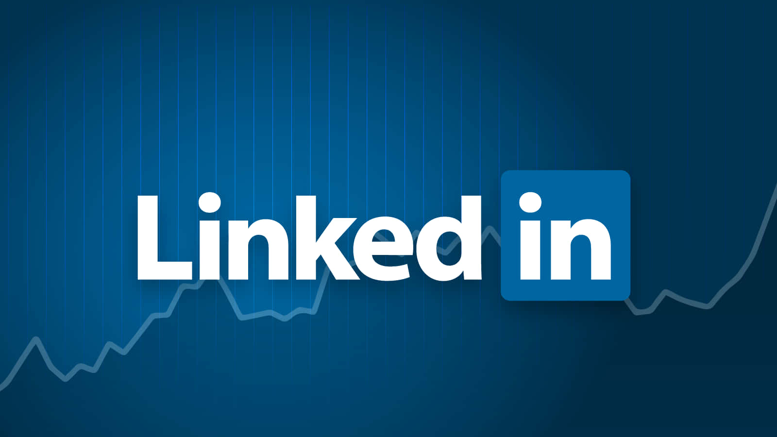 Linkedin Logo 桌布 壁紙 — 白色和藍色的LinkedIn標誌，在漸變藍色背景上帶有微妙的上升圖表疊加。