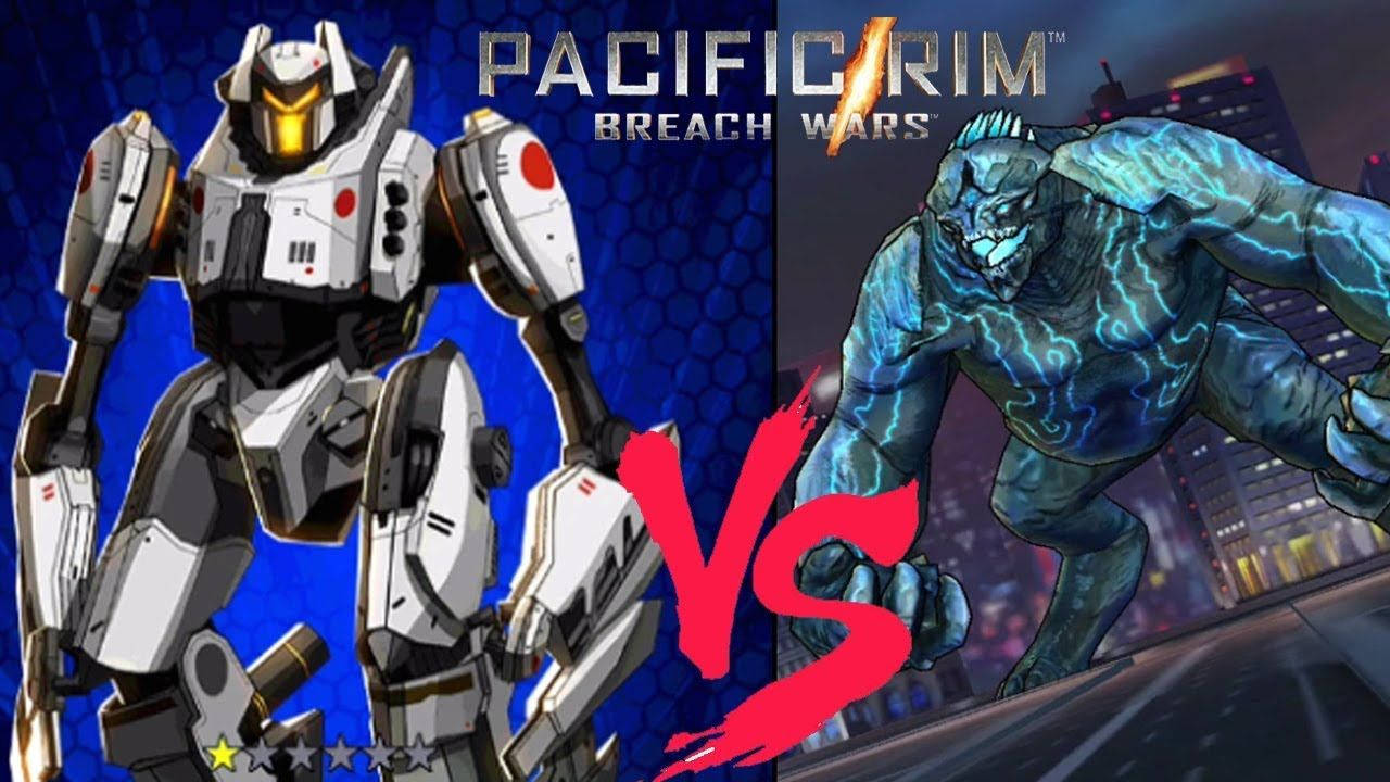 Robot 桌布 壁紙 — 白色和金色的Jaeger機甲在帶有紅色「VS」的城市景觀中面對藍色電系怪獸。