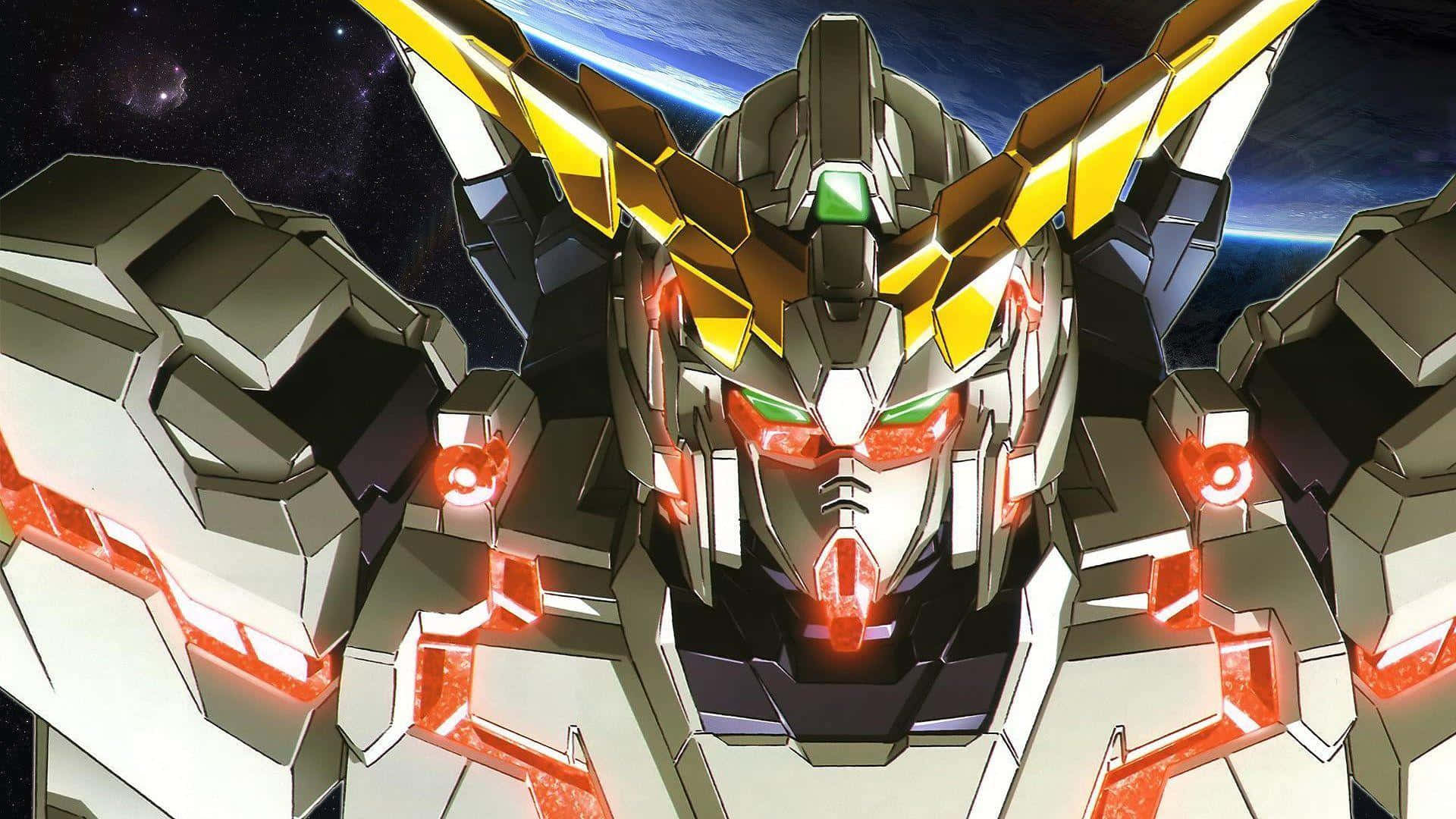 Gundam Unicorn 桌布 壁紙 — 白色和金色的鋼彈機器人特寫，帶有發光的紅色眼睛和角，背景是星空太空，地球可見。
