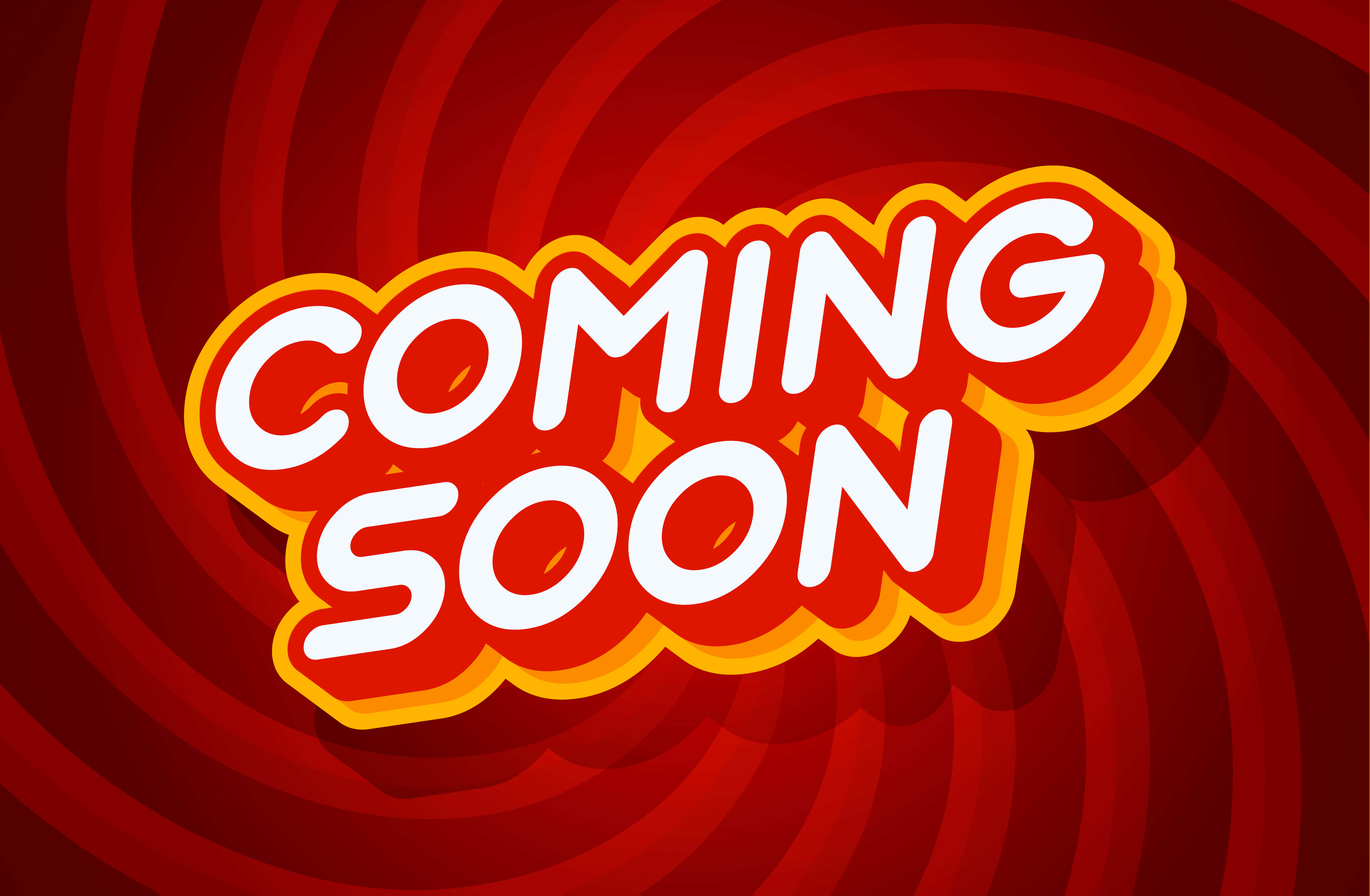 Coming Soon 桌布 壁紙 — 白色和黃色的粗體「COMING SOON」文字在旋轉的紅色背景上顯得格外突出。