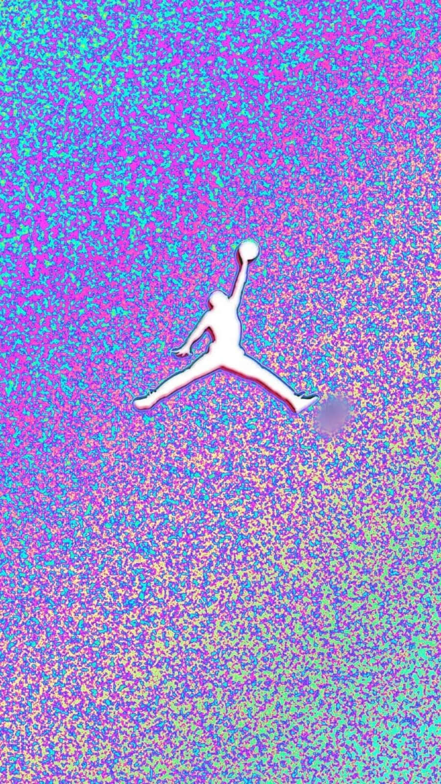 Jordan Galaxy 桌布 壁紙 — 白色喬丹標誌剪影在充滿活力的粉紅、紫色和藍色斑點背景上跳躍。