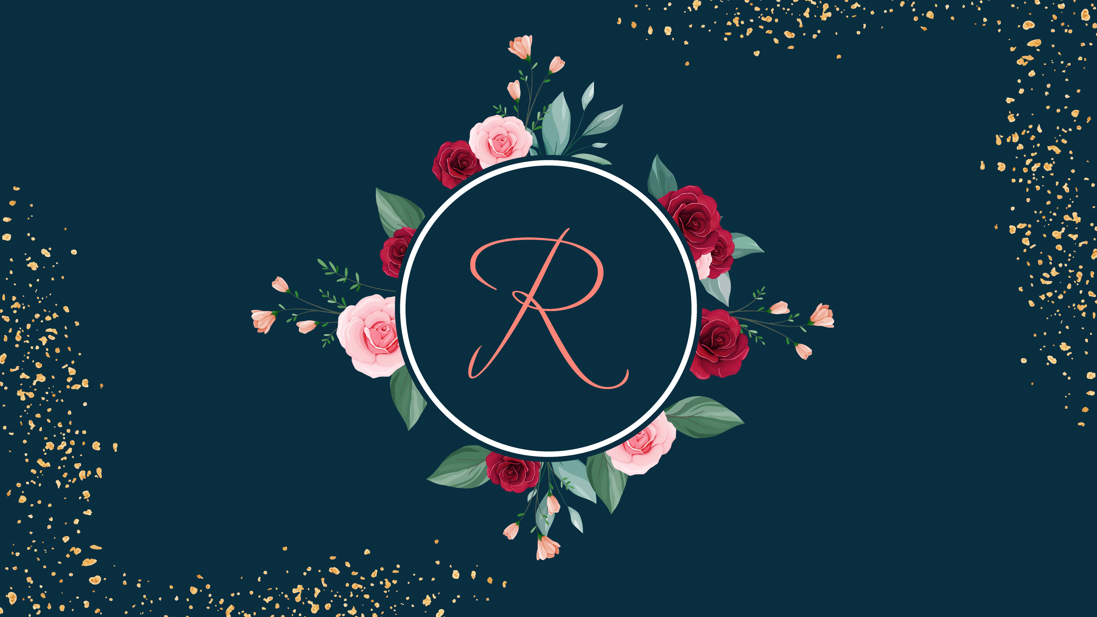 Invitation 桌布 壁紙 — 白色圓圈中的字母 'R' 字母組合，周圍環繞著紅色和粉紅色的玫瑰以及綠葉，背景為深藍綠色，帶有金色閃粉點綴。