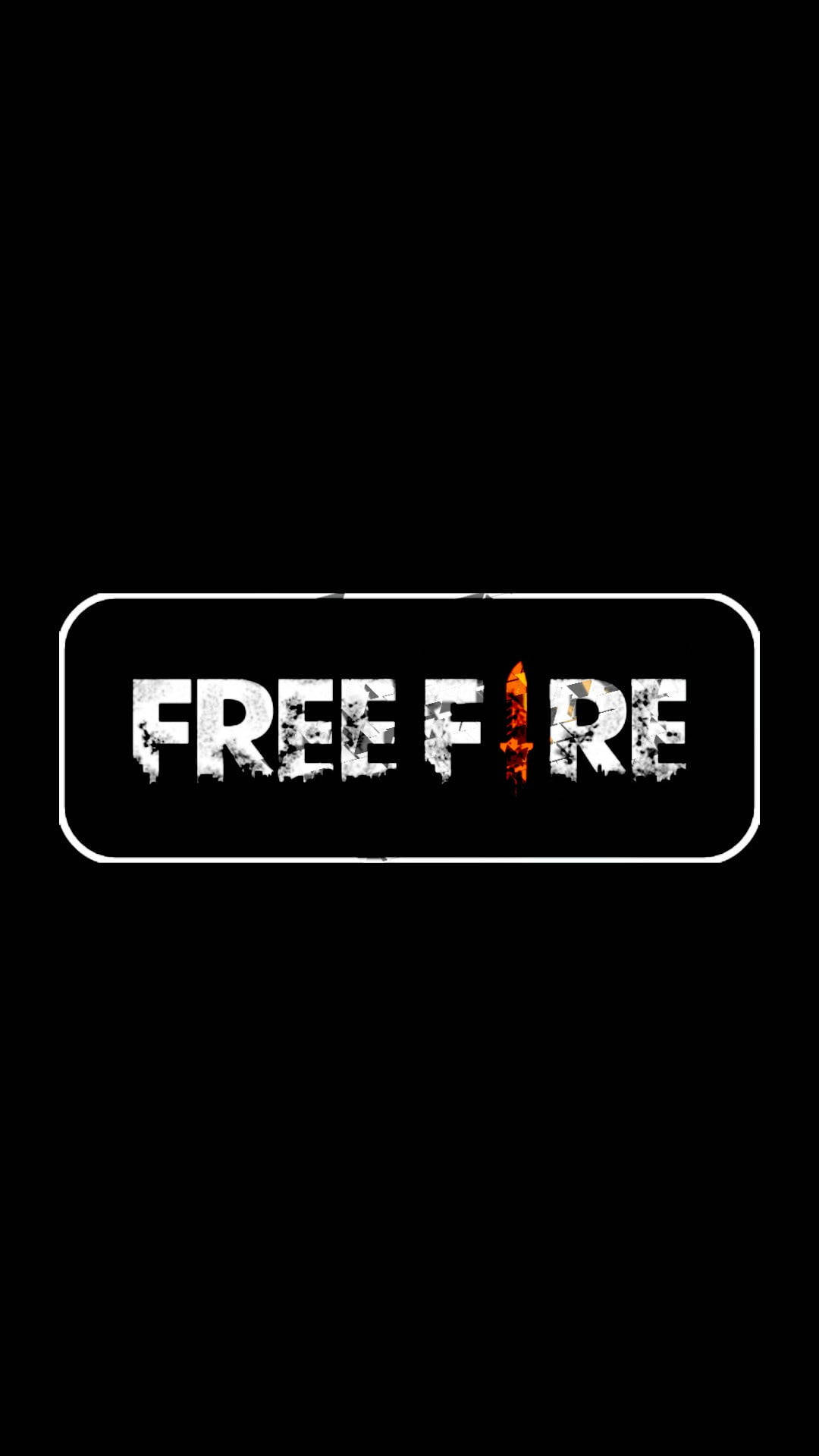 free fire 2021 桌布 壁紙 — 白色圓角矩形內，黑色背景上帶有火橙色斜線的大膽白色「FREE FIRE」標誌。