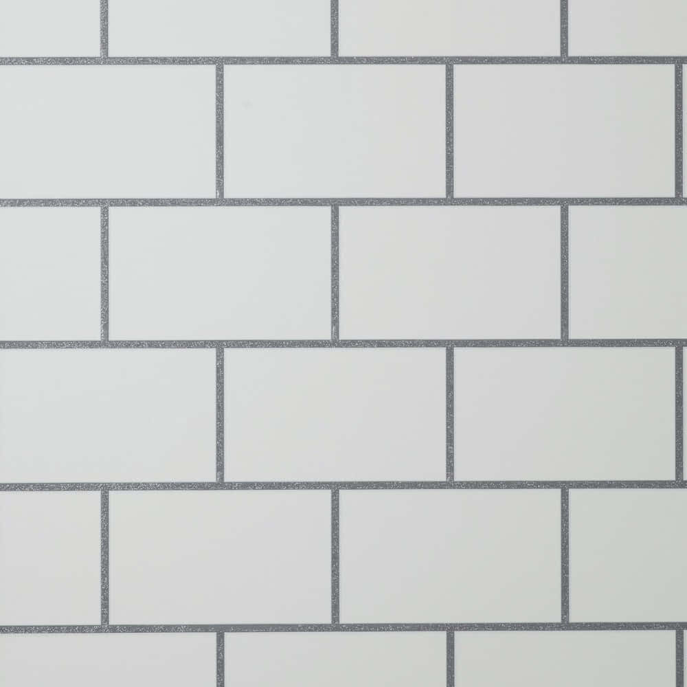 Tiles 桌布 壁紙 — 白色地鐵磚，帶有閃閃發光的灰色填縫線，排列成經典的磚塊圖案。