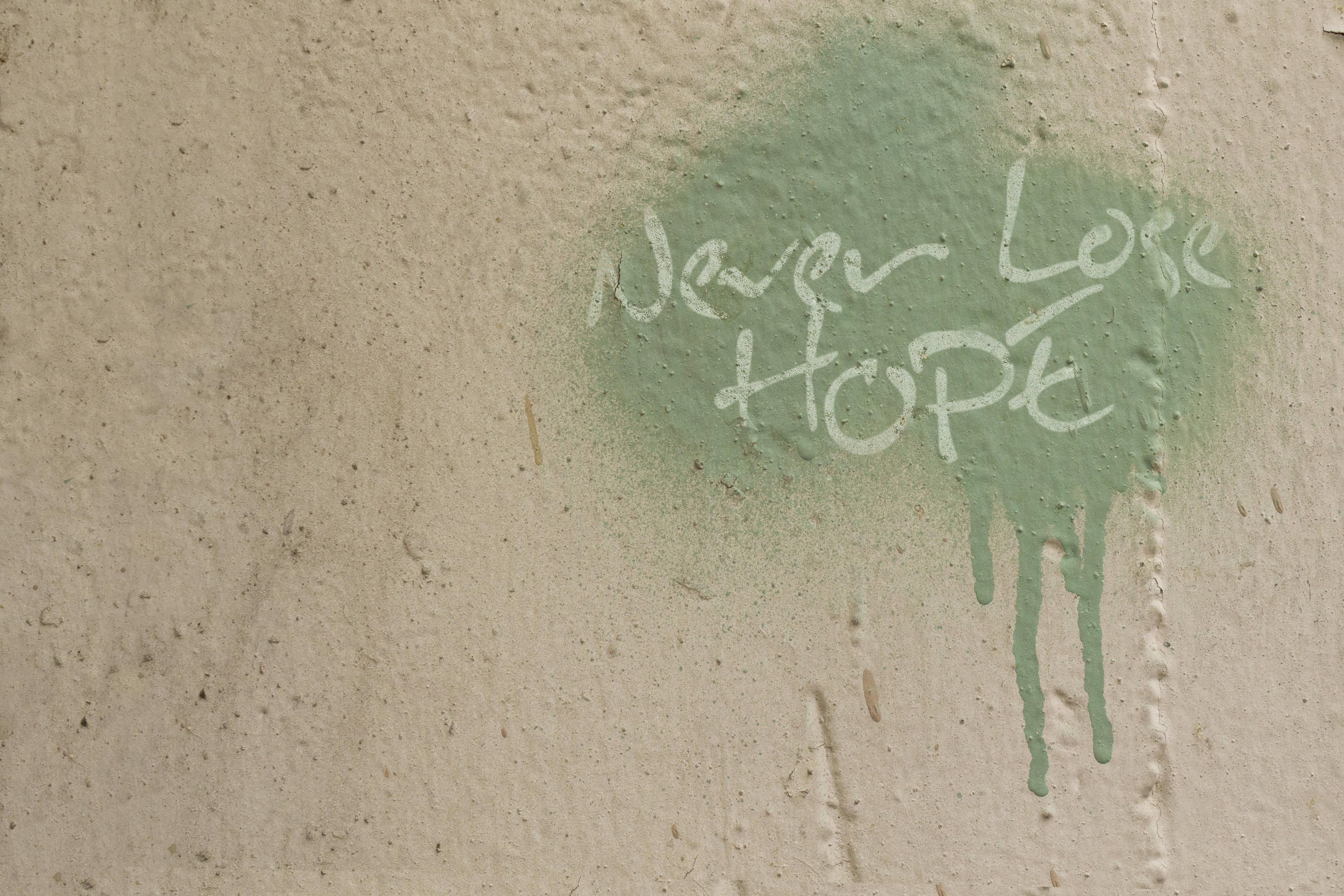 Inspirational Quotes 桌布 壁紙 — 白色塗鴉文字 'Never Lose Hope' 從粗糙米色牆上一個綠色噴漆圓圈滴落。