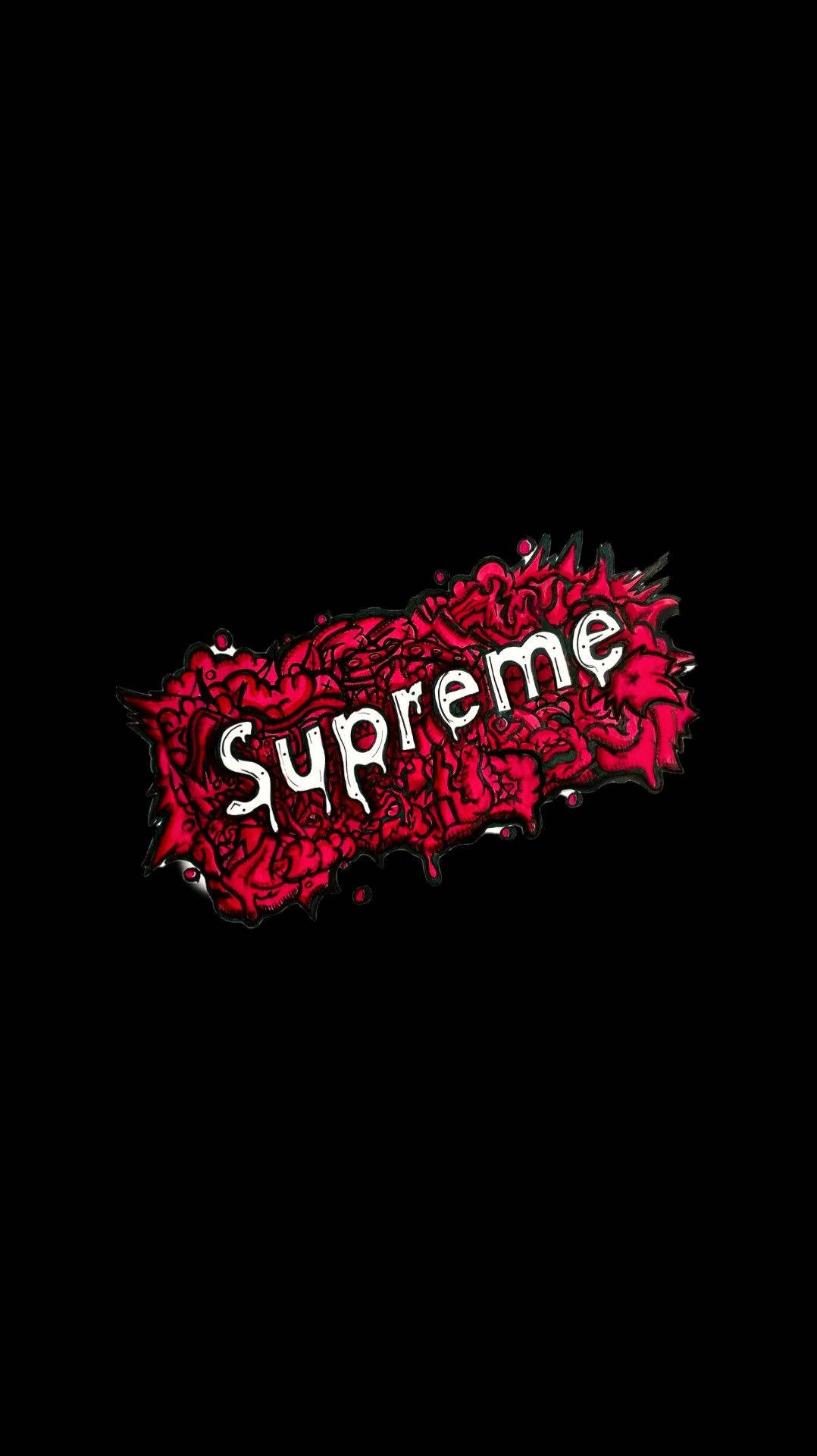 supreme aesthetic 桌布 壁紙 — 白色塗鴉風格字體的「Supreme」字樣從鮮紅色潑濺中浮現，背景為純黑色。